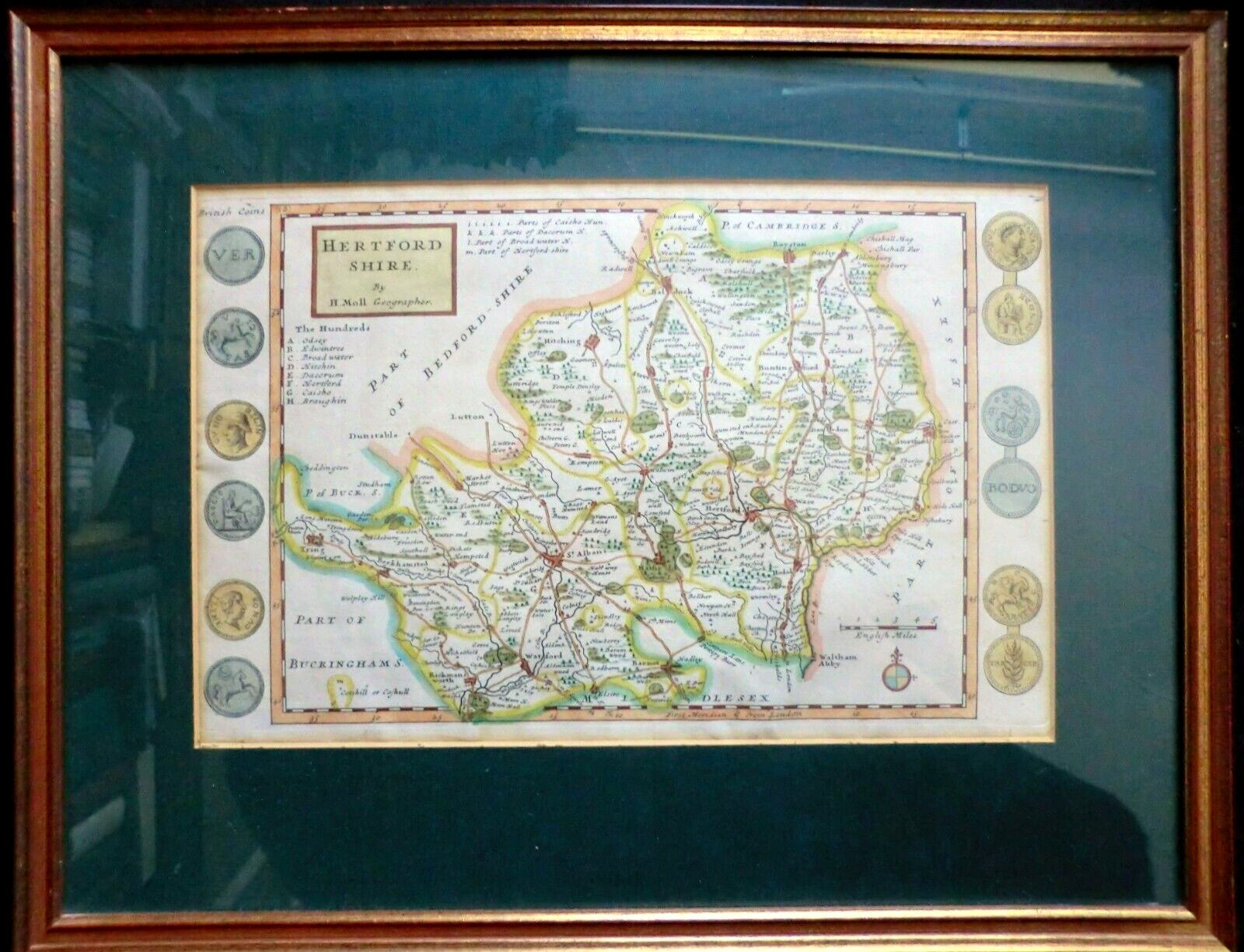 Hertfordshire by Herman Moll (1724) Hand Coloured Antiquarian Map, Framed Glazed