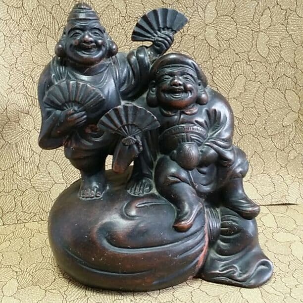 Antique Japanese Bizen Daikoku Ebisu God Pottery Statue Deity Figurine 8.2 inch