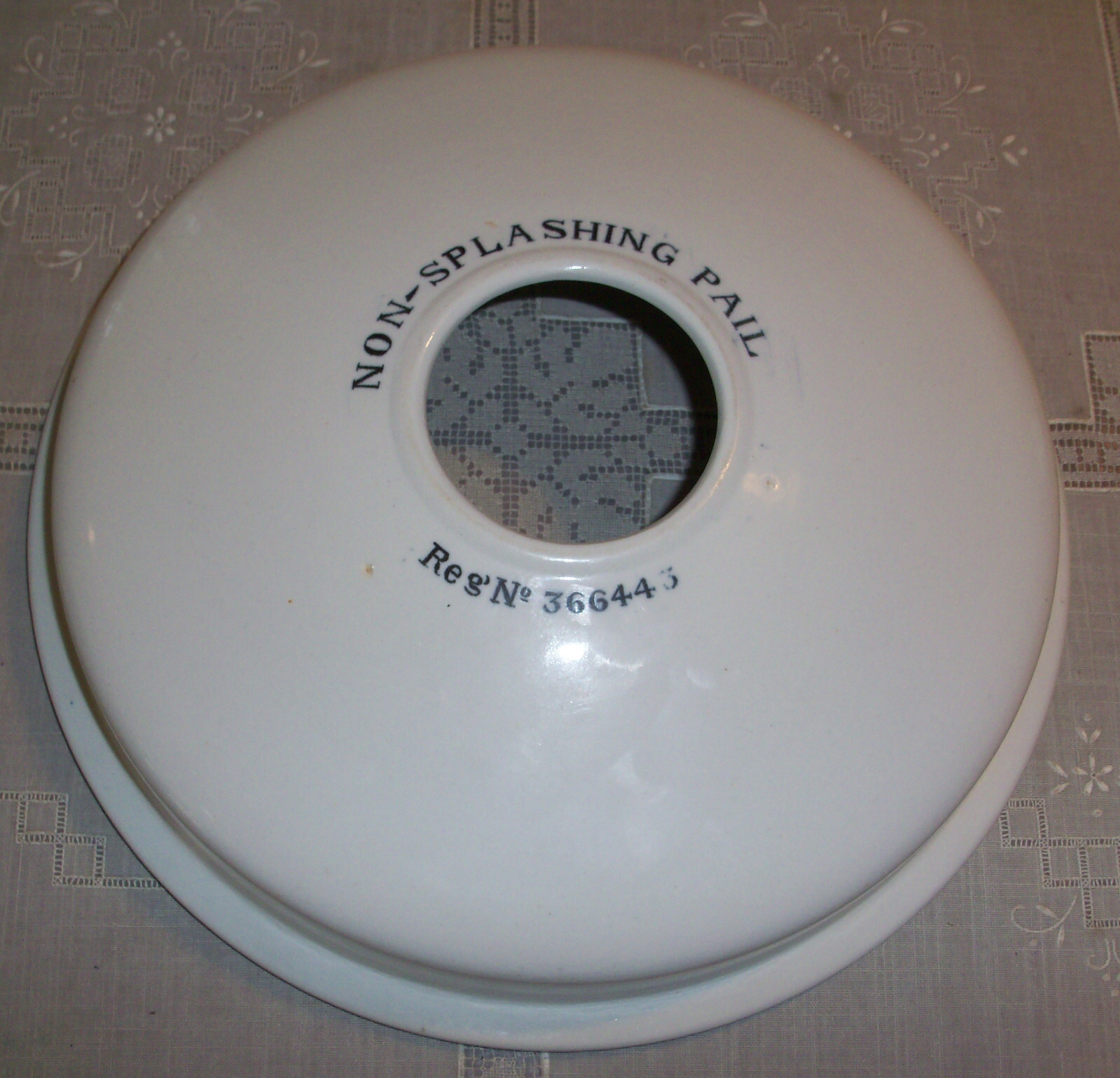 Glazed porcelain lid with hole NON-SPLASHING PAIL Reg No 366443 11 inches ?1900?