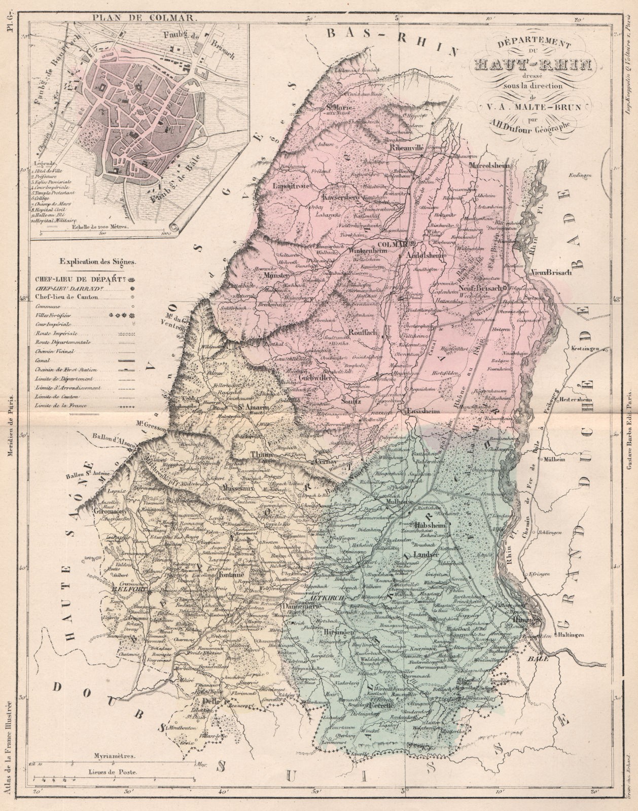 HAUT-RHIN. Carte du département. Plan de Colmar. MALTE-BRUN 1852 old map