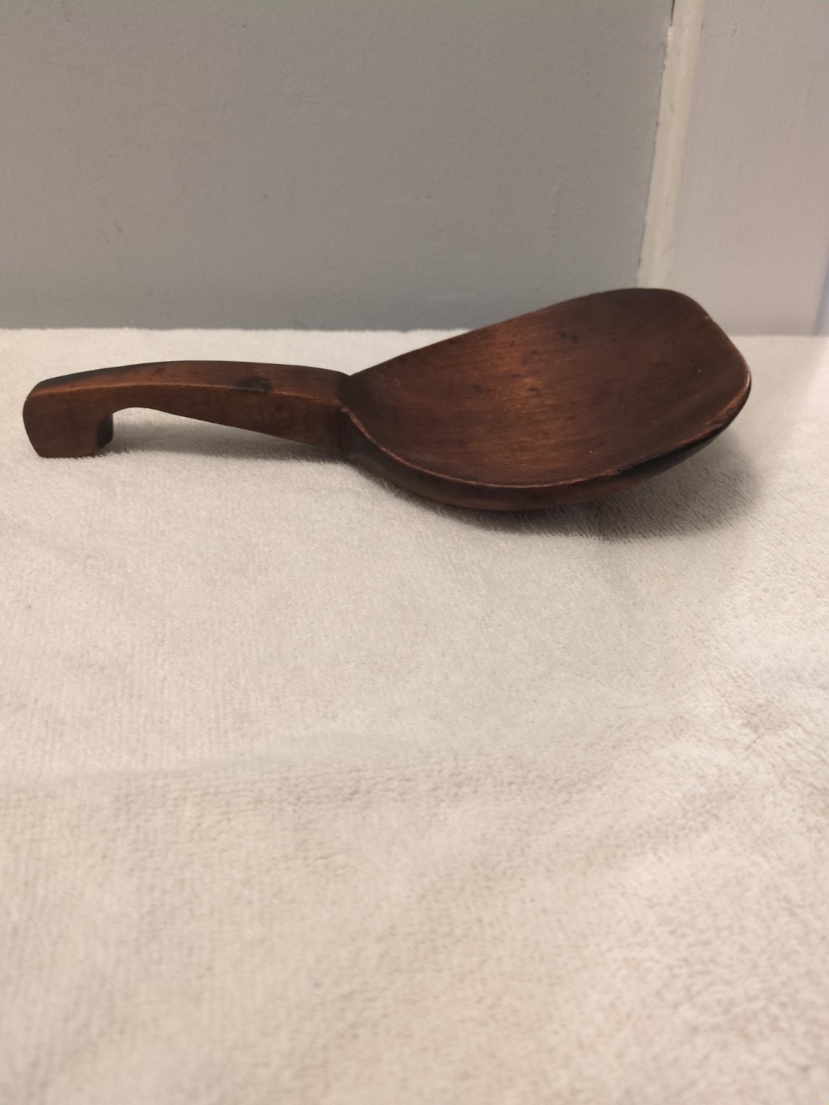 Antique Handmade Wooden Primitive Spoon Wide Bowl Short Handle Hooked 9.25”