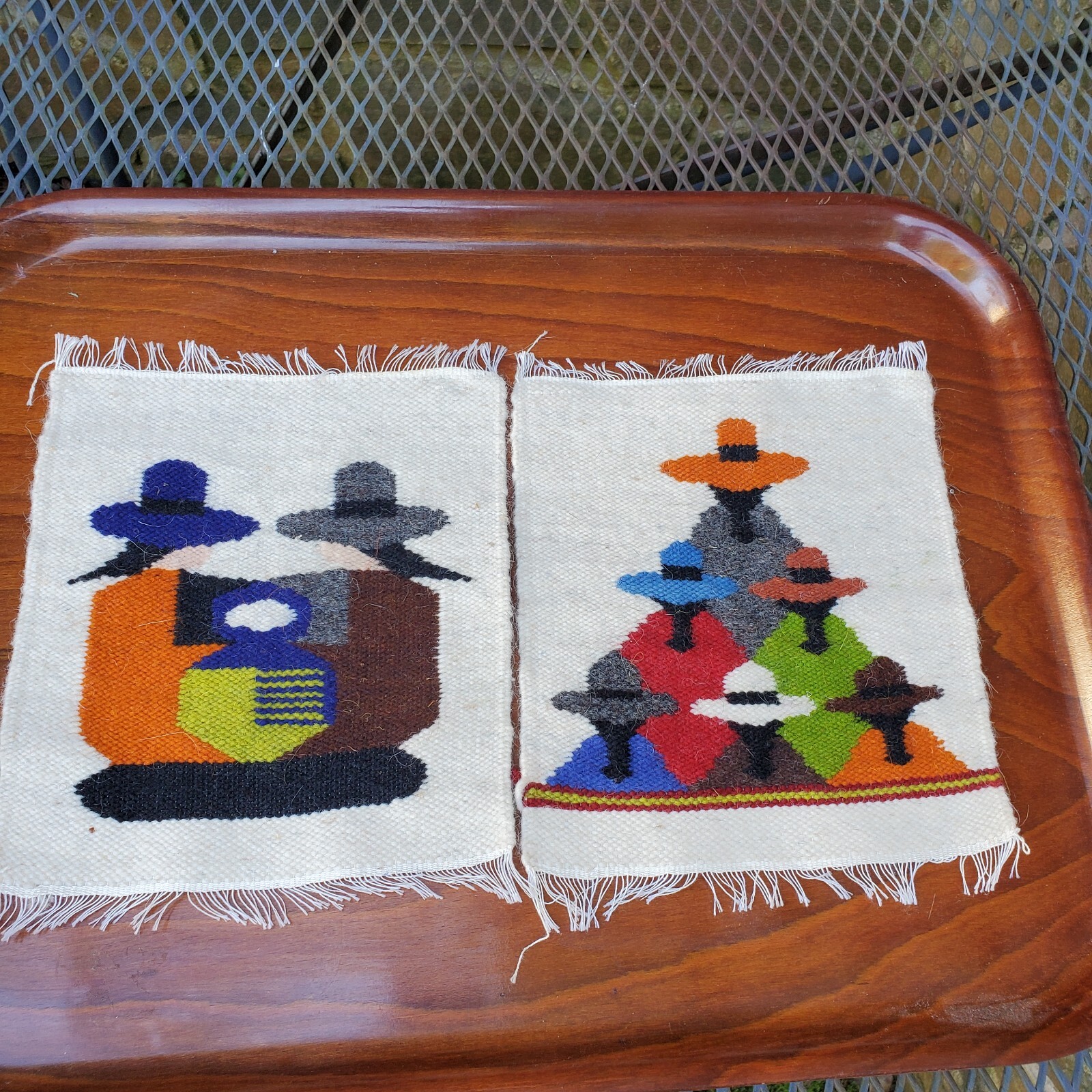2-Vintage Hand Woven Peruvian Wool Textile 8″ Square Block People With Big HATS