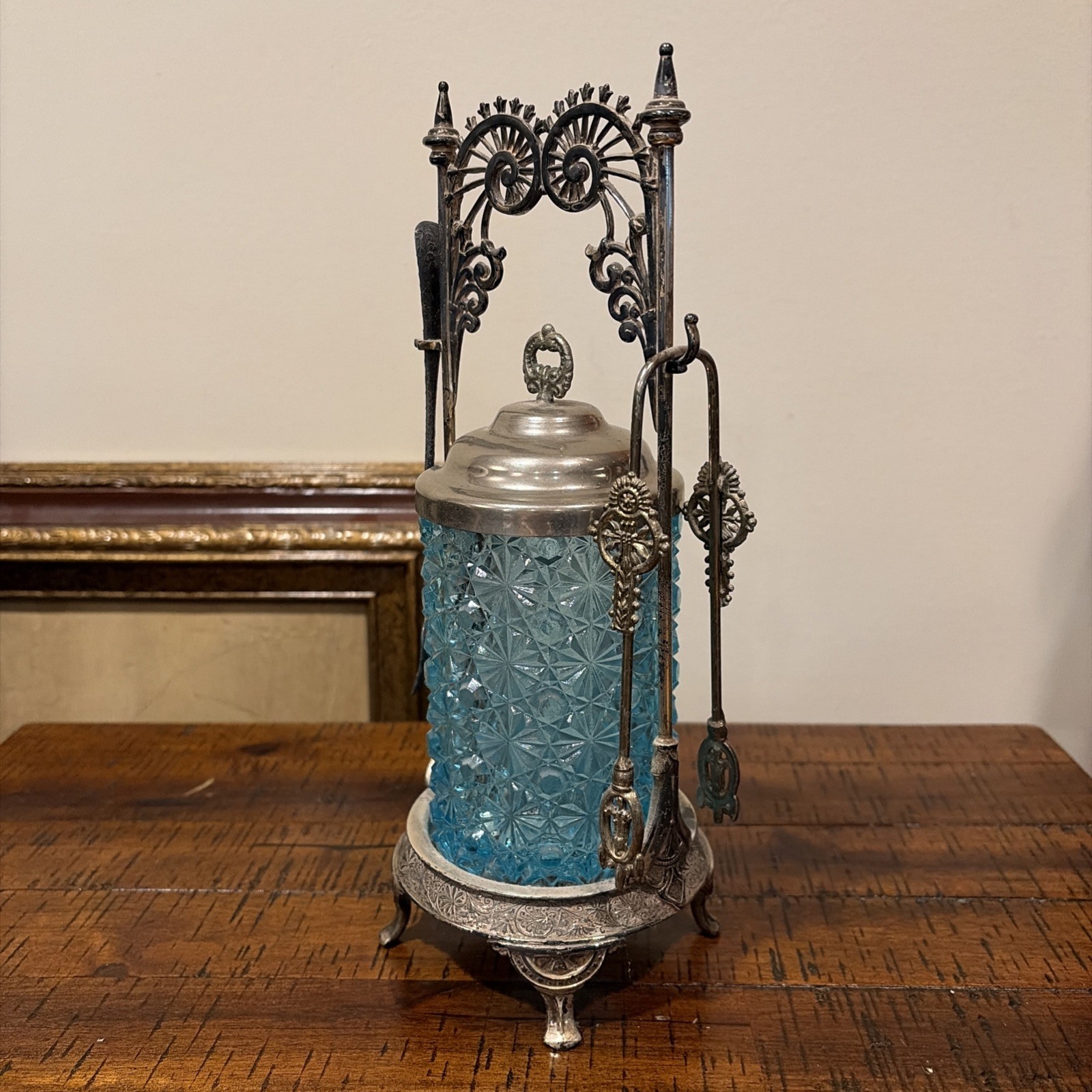 Antique Victorian Pickle Castor W/ Tongs Fork Textured Glass Blue READ DESC