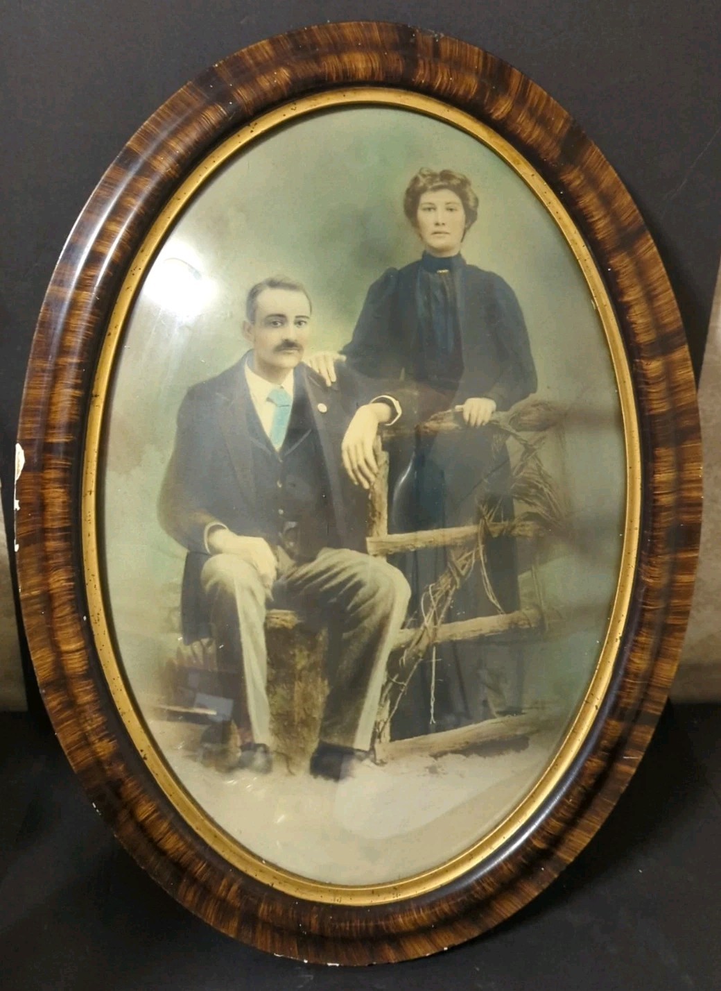 Couple Mustache Man Antique Convex Bubble Glass Oval Tiger Stripe Picture Frame
