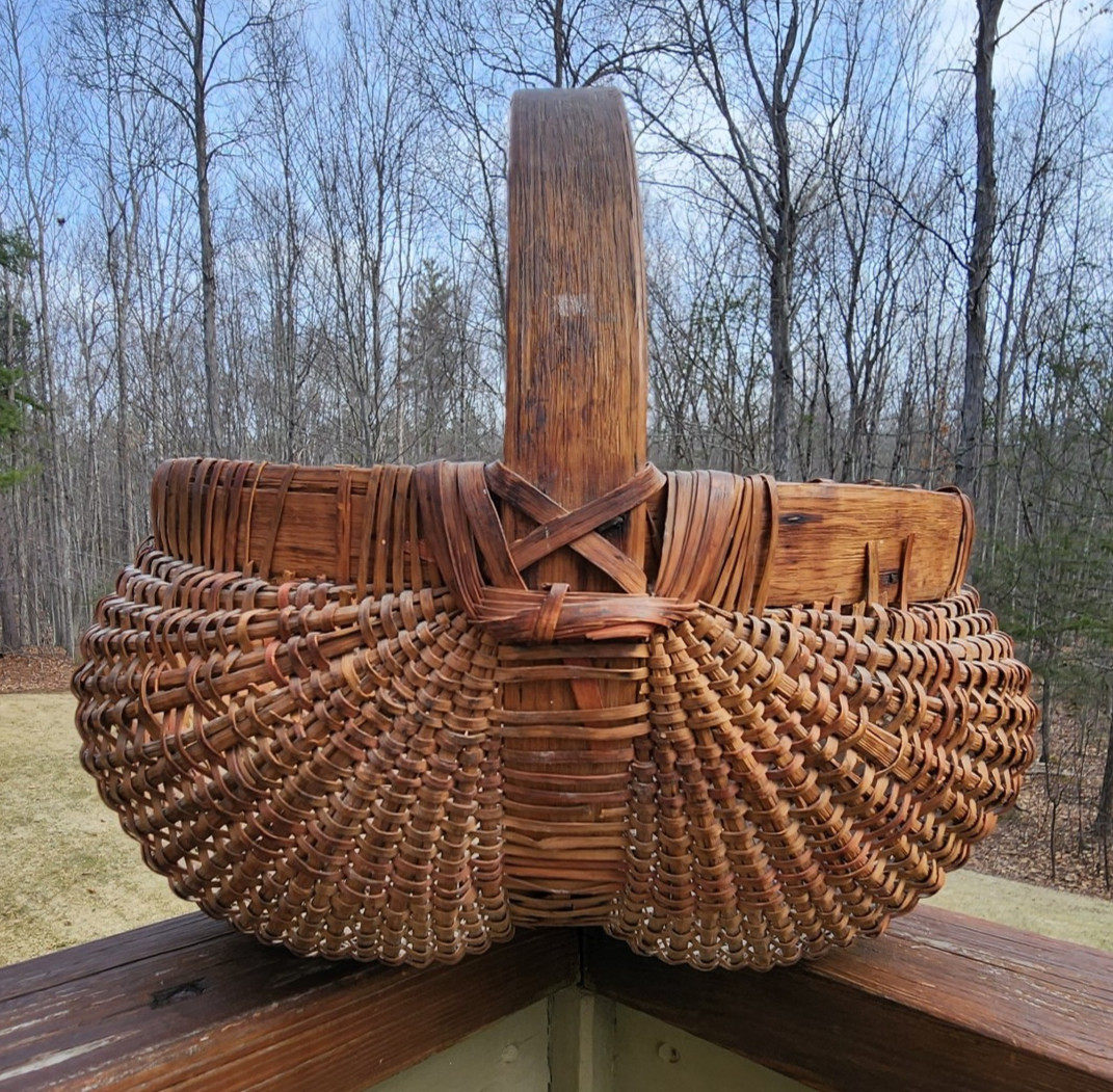 Antique 1800’s New England Wood Splint Oak Woven Buttocks Gathering Basket AAFA