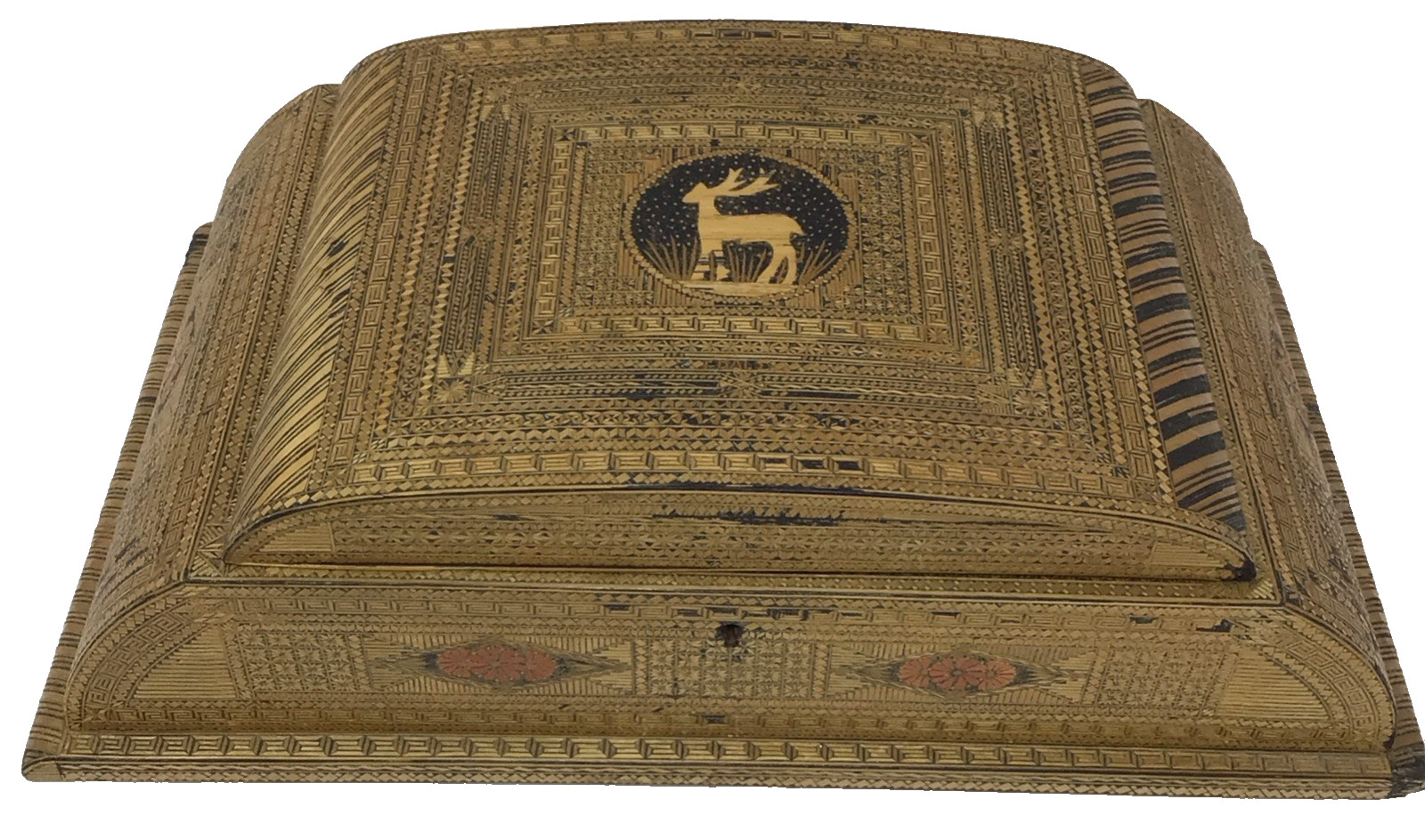 Antique Handmade Straw Work Box Early Napoleonic? Cloth Lining Jewellery Trinket