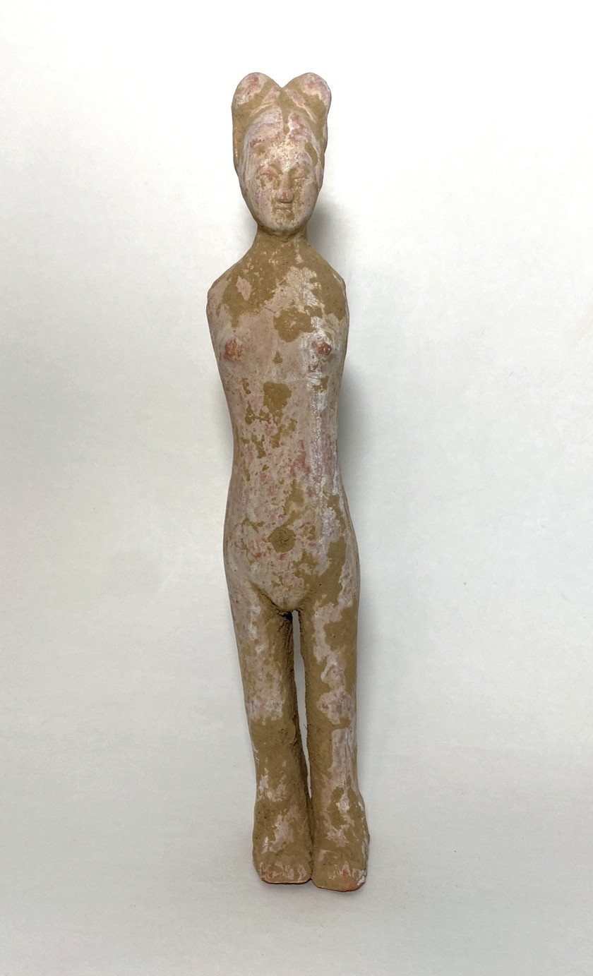 Antique Ancient Chinese Terracotta Stick Female Figure Sculpture 12″