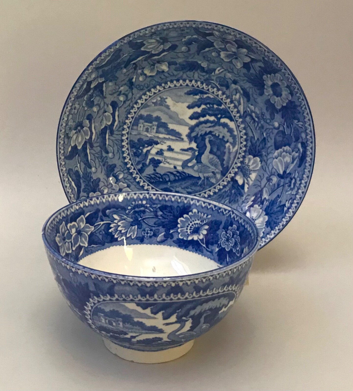 BREAKFAST BOWL & SAUCER, POTTERY BLUE TRANSFER STAFFORDSHIRE. HERONS, REGENCY