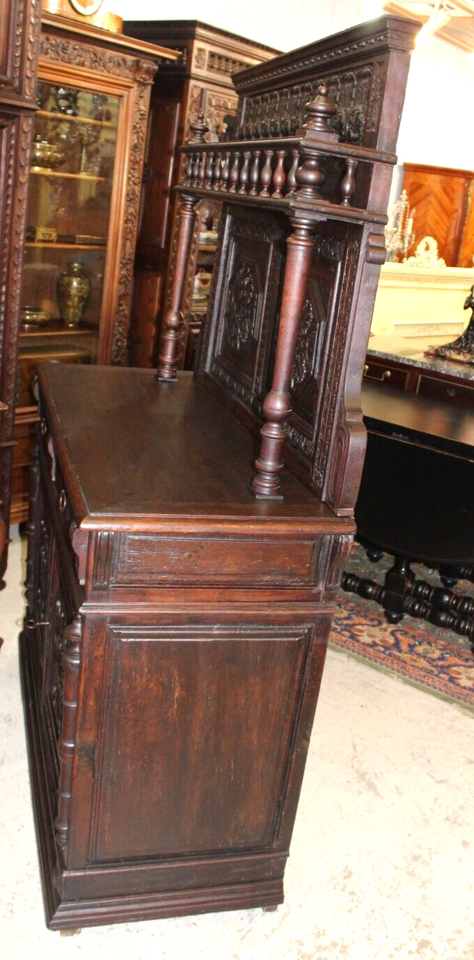 French Antique Renaissance Dark Oak Wood Buffet / Sideboard /Server Circa 1820