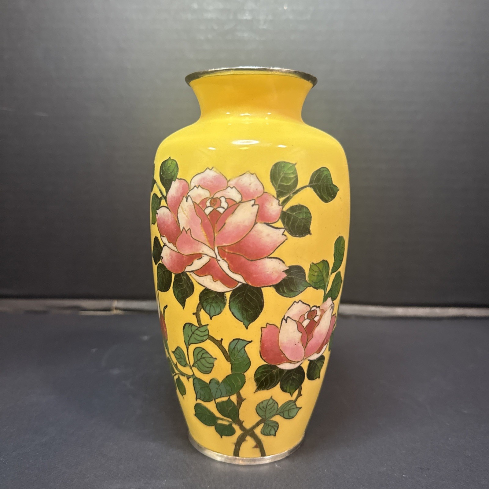 Japanese Ando handmade yellow enamel sterling silver floral cloisonné vase 7.25”