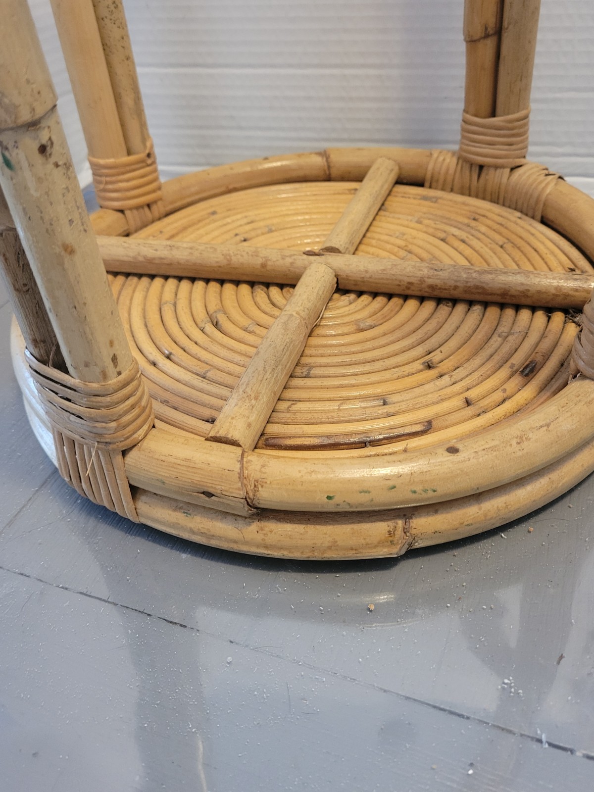 Vintage Rattan Round Side Table, Boho Plant Stand Stool Mid Century
