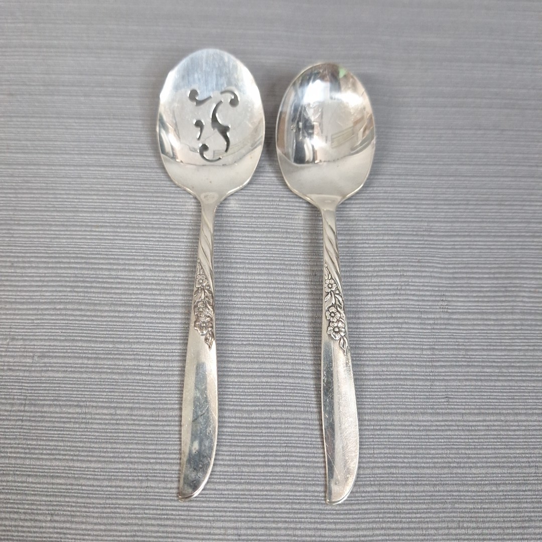 WmA Rogers Oneida Wildwood Always 2 Small Serving Spoons Slotted Silverplate 6″