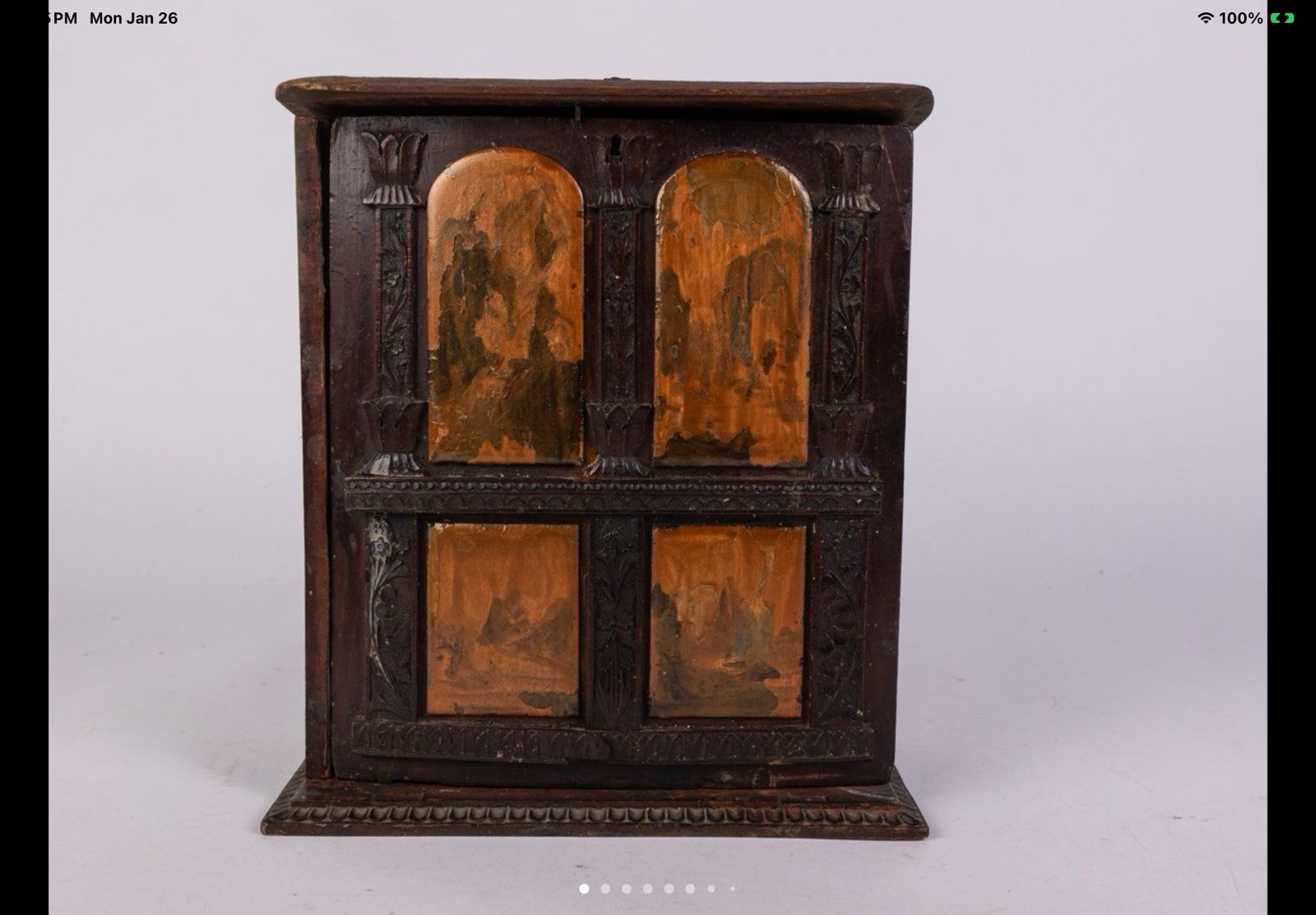 Hand Made 11” Tall Desk Top Cabinet Carved Interior Possibly A Portable Alter .