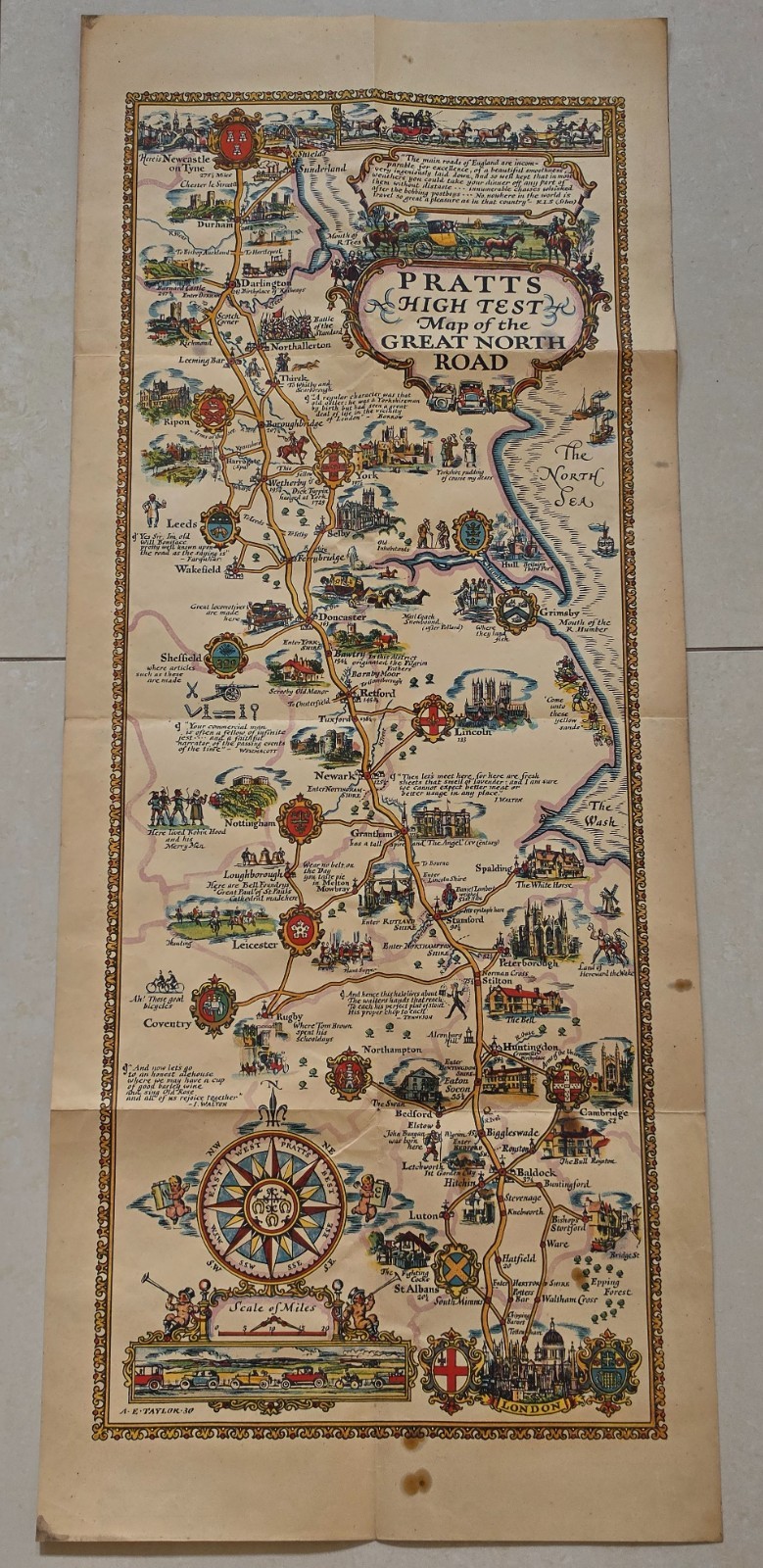 VINTAGE PRATTS HIGH TEST MAP OF THE GREAT NORTH ROAD large !