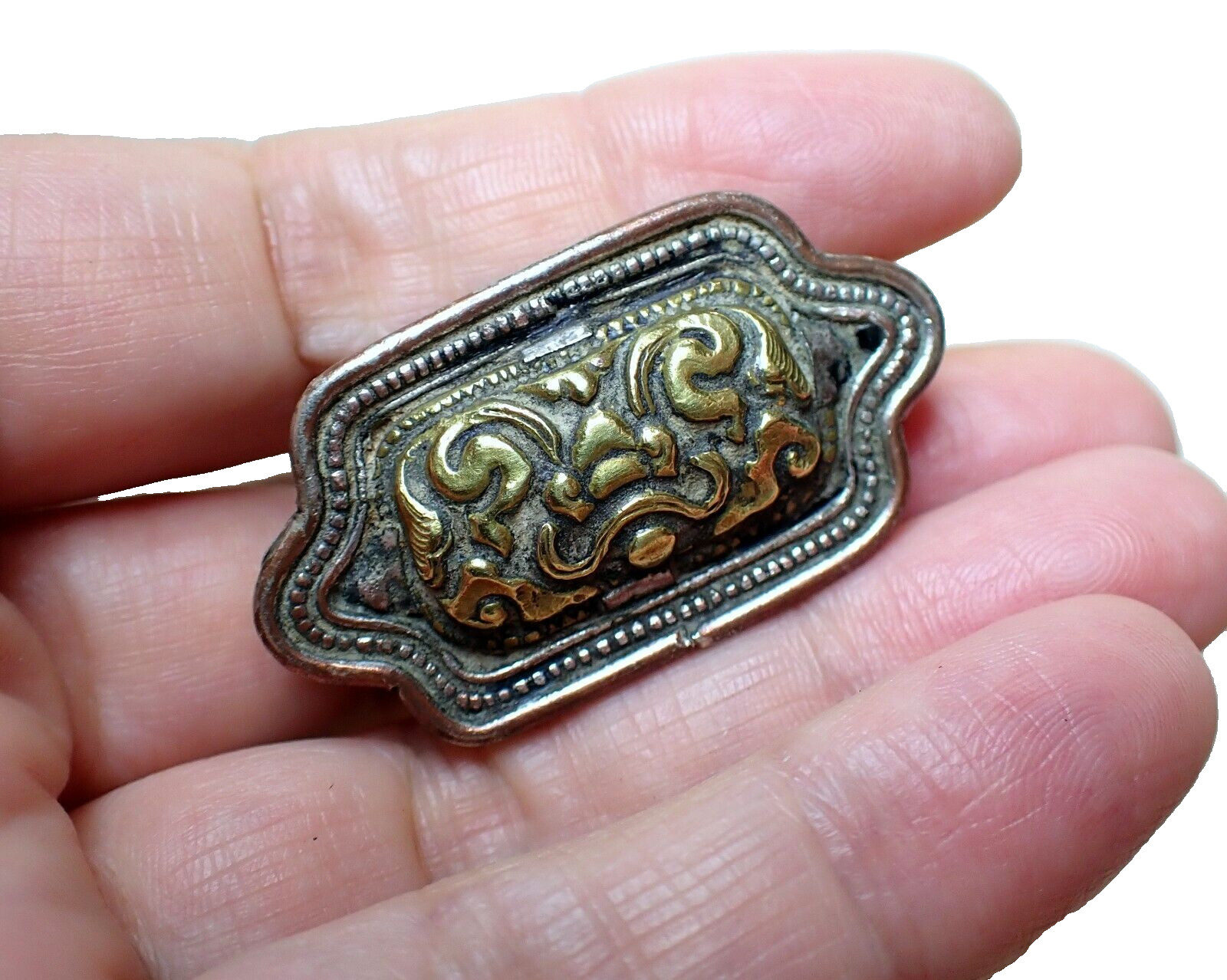 Tibet Gilded Belt Buckle Lion Repouse Brass Copper Vintage 20th C