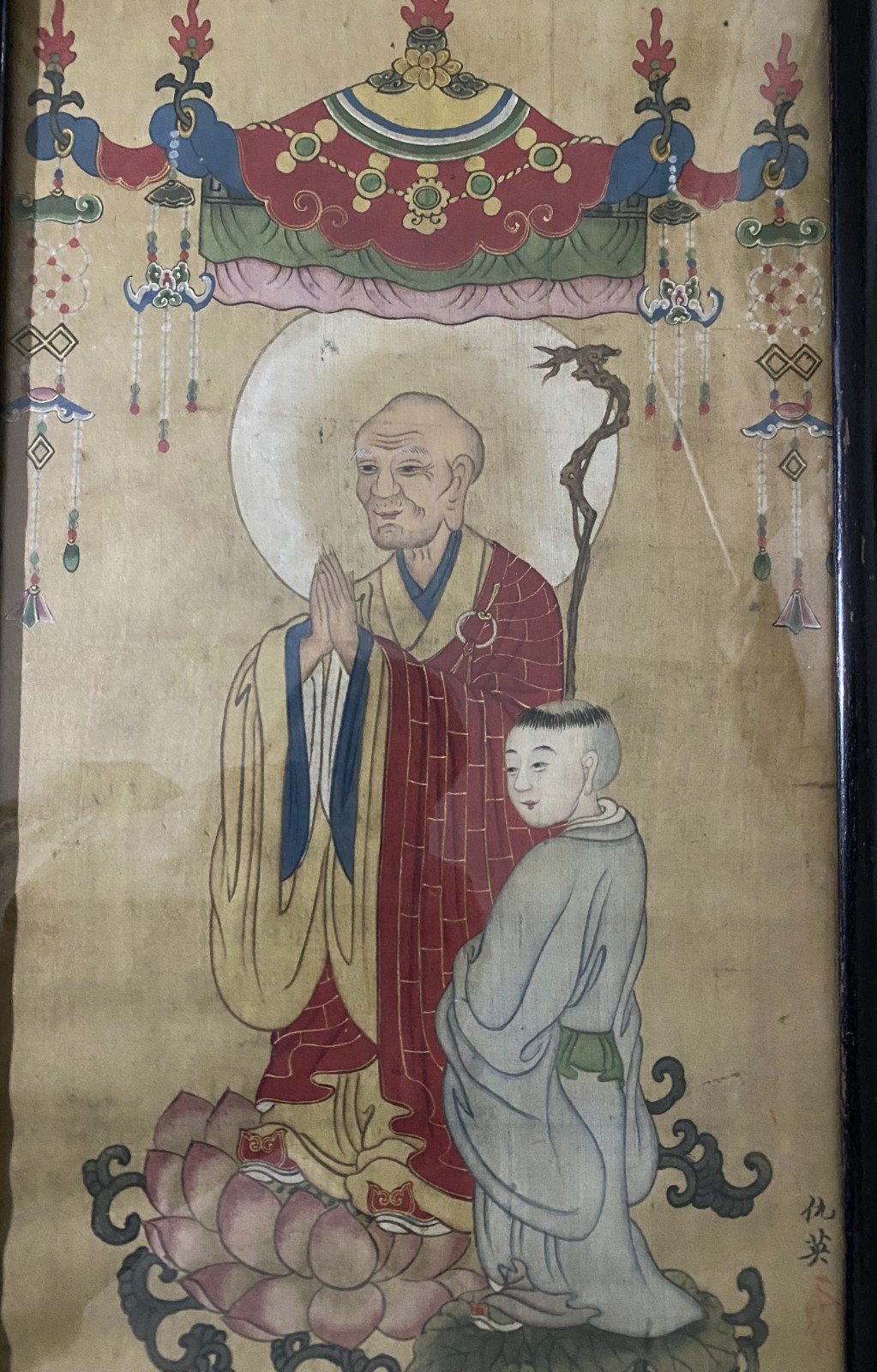 Antique Chinese Standing Luohan Watercolor Painting, Qing Dynasty