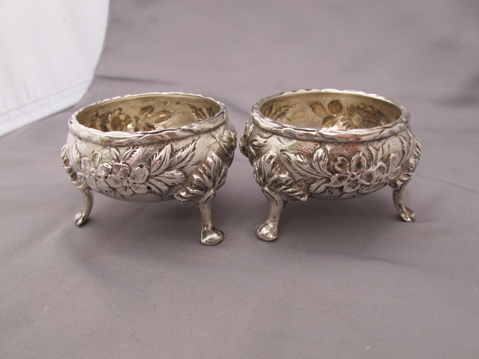 TWO Early KIRK REPOUSSE Sterling OPEN SALT & PEPPER SHAKER SETS-925/1000