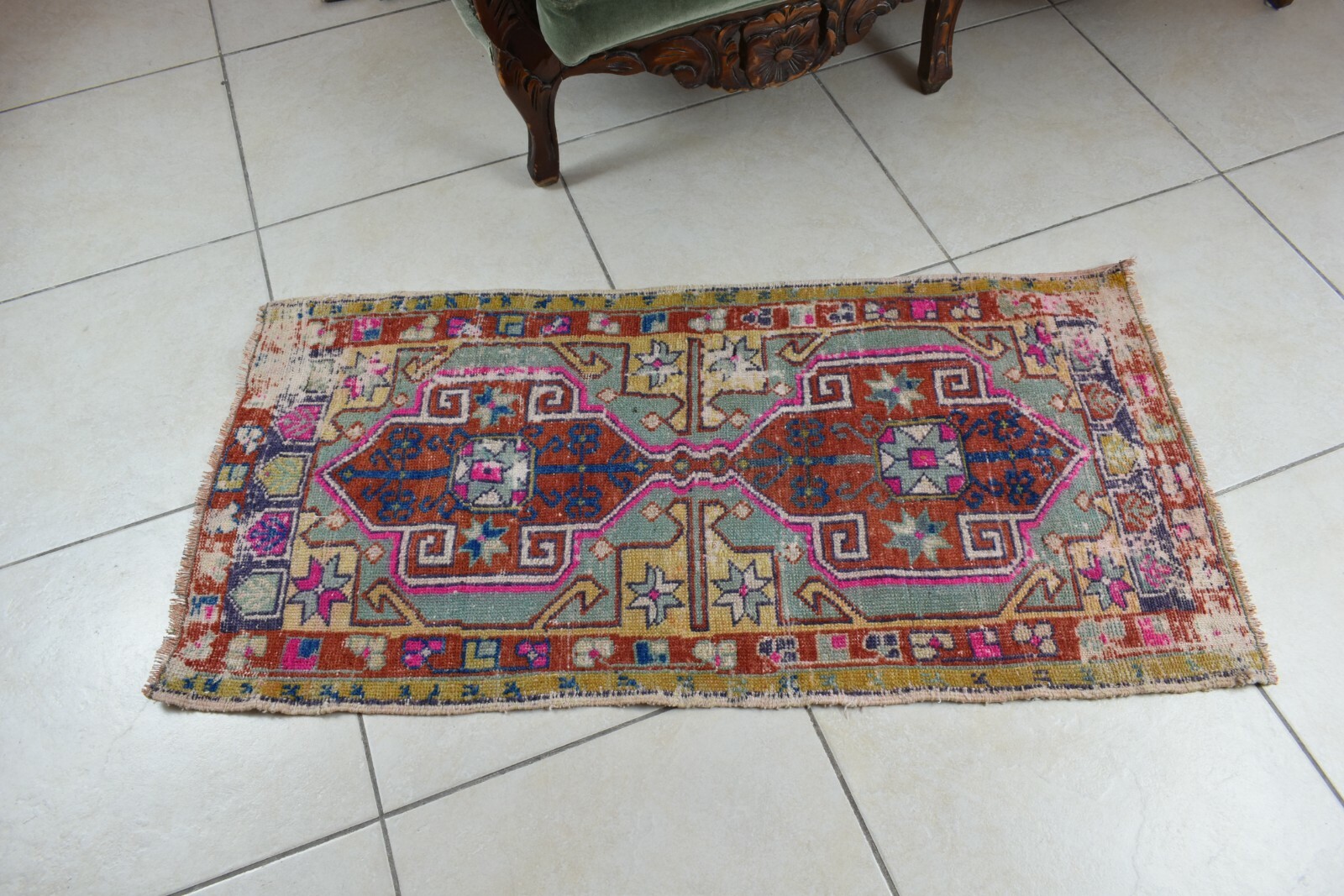 Turkish Runner 3.6×1.8 ft Vintage Small Rug Oushak Runner Anatolian Mini Rug Y61