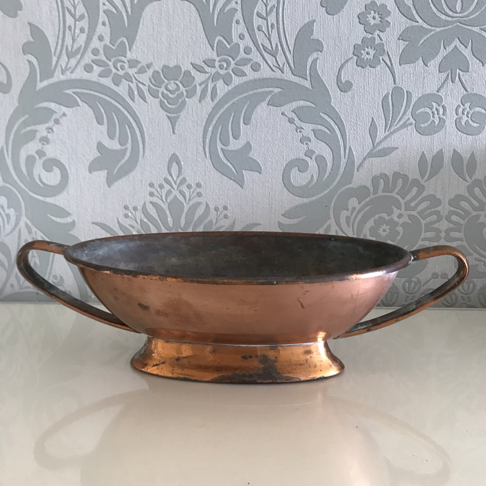 Vintage Art Nouveau Style Copper Oval Bowl / Dish / Planter Two Handled 32cm