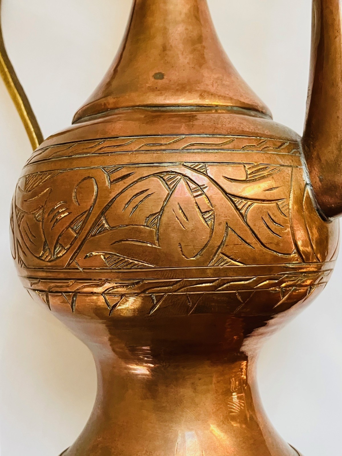Vintage Islamic Middle Eastern Hand-forged and Engraved Copper Rosewater Ewer