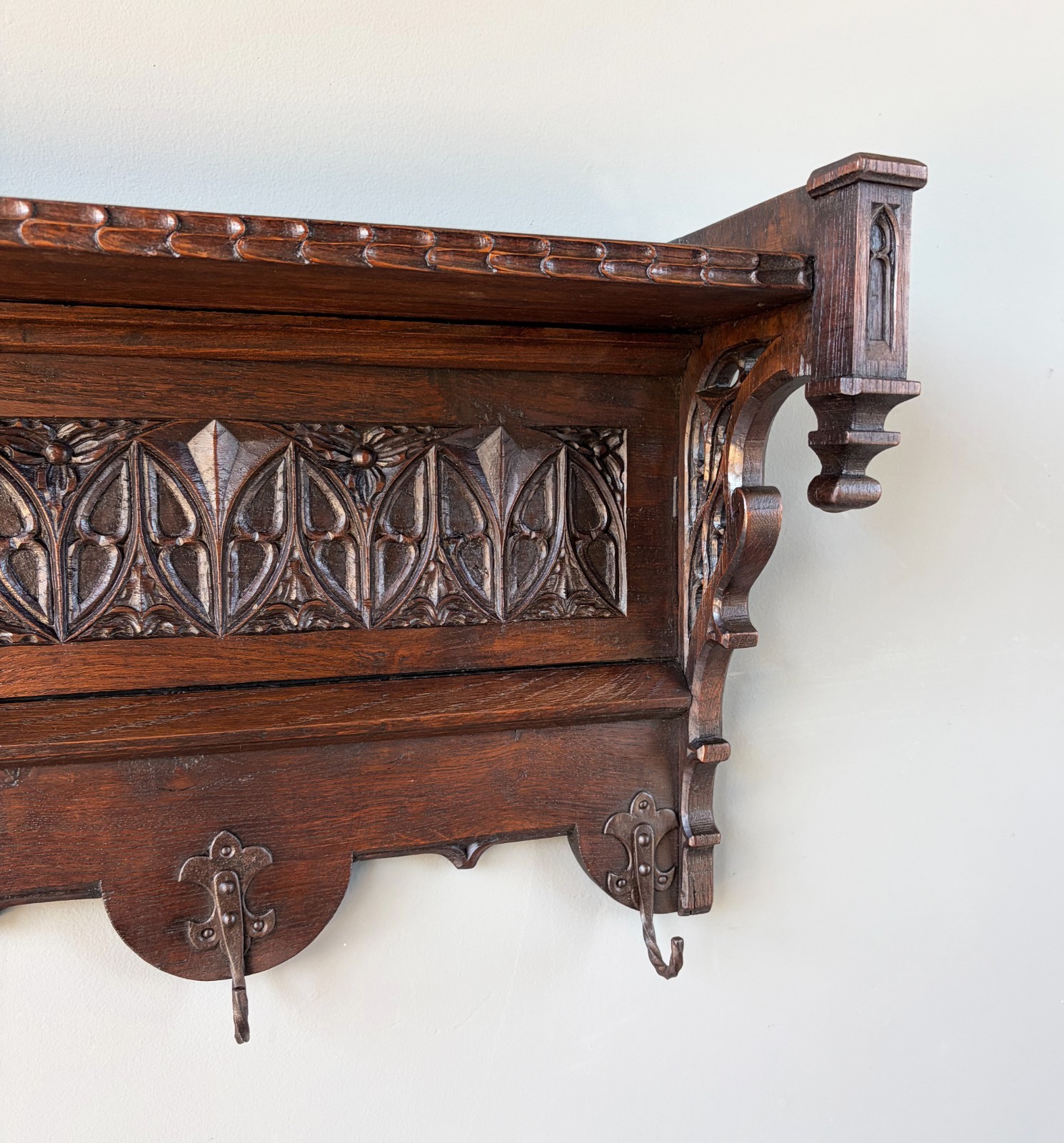 52″ Antique Gothic French Solid Oak Coat Rack Hall Tree Wood Shelf w/Iron Hooks