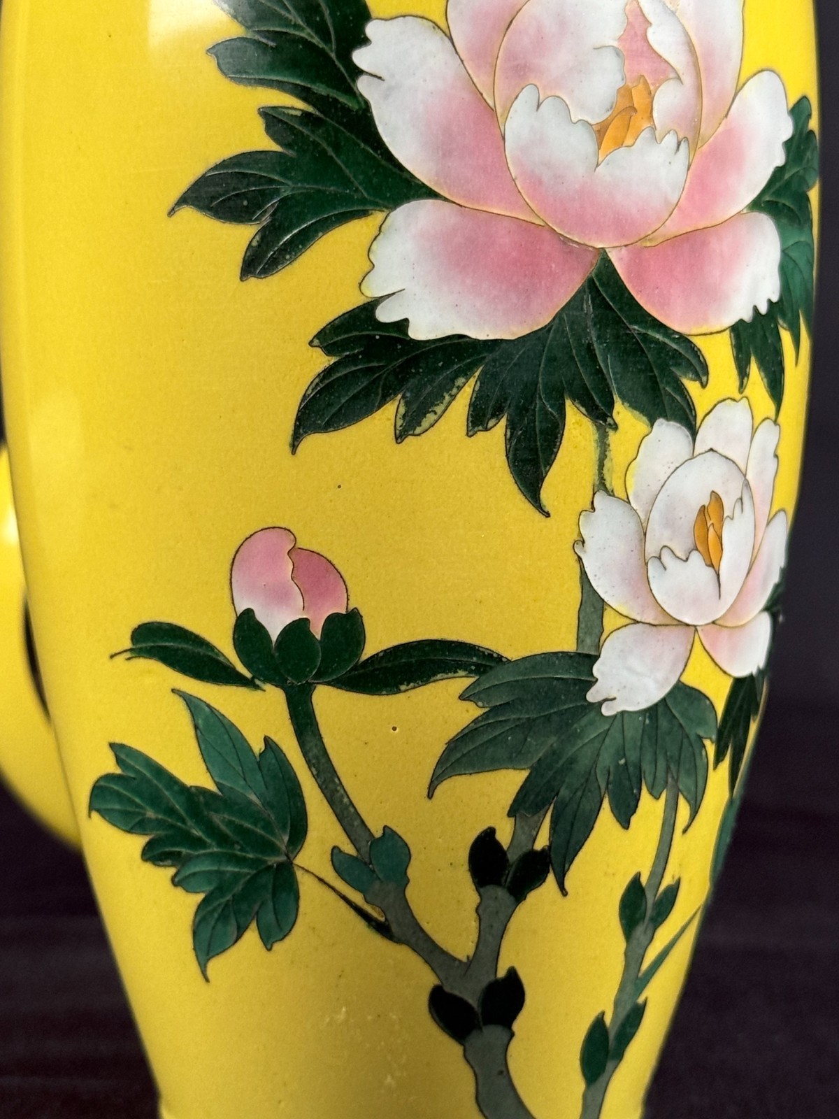 Pair Japanese Cloisonné Vases Akagi Nagoya WWII CPO 1945–50 Yellow Peony 7”