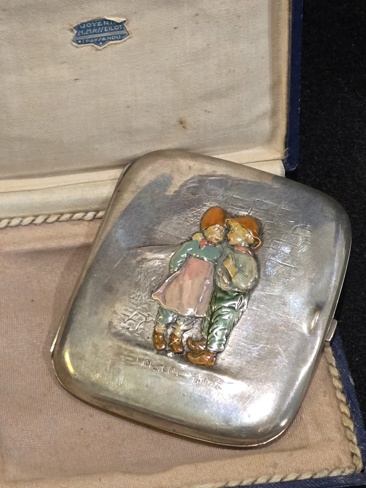 800 Stamped Silver Cigarette Case with Enamelled Brother & Sister