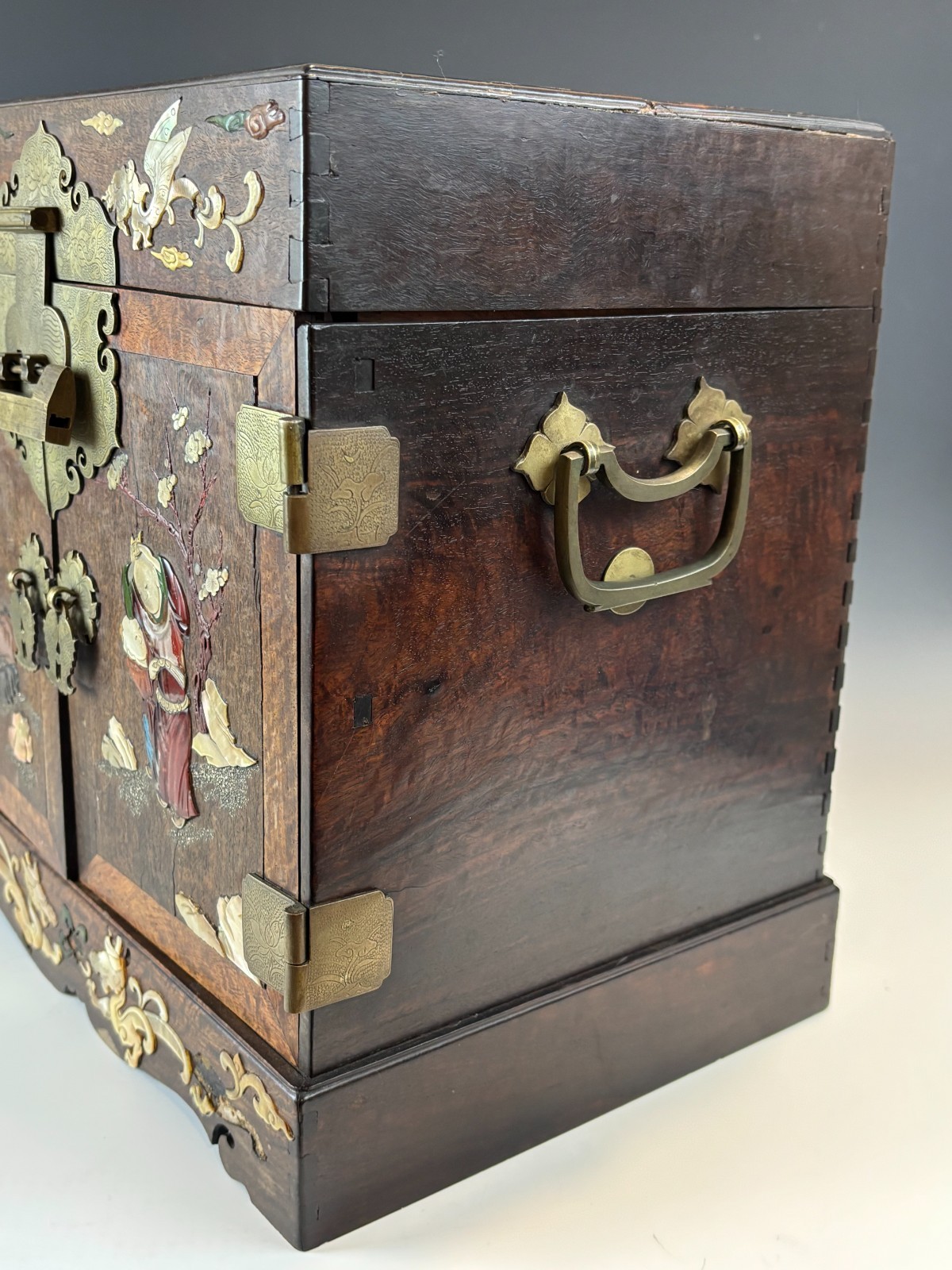 Antique Chinese Inlaid Hardwood Jewelry Cabinet c1900 w Original Bar Lock & Key