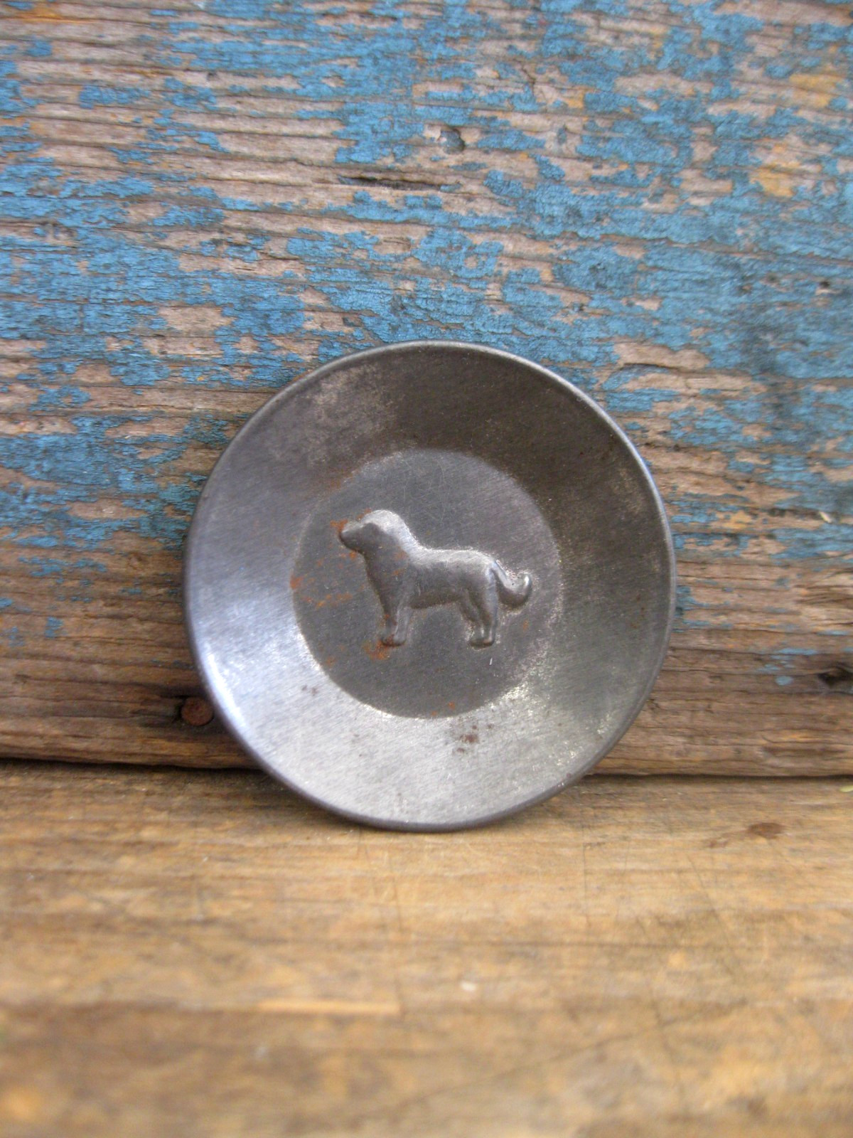 Tiny Antique Tin Toy Plate w Embossed Dog