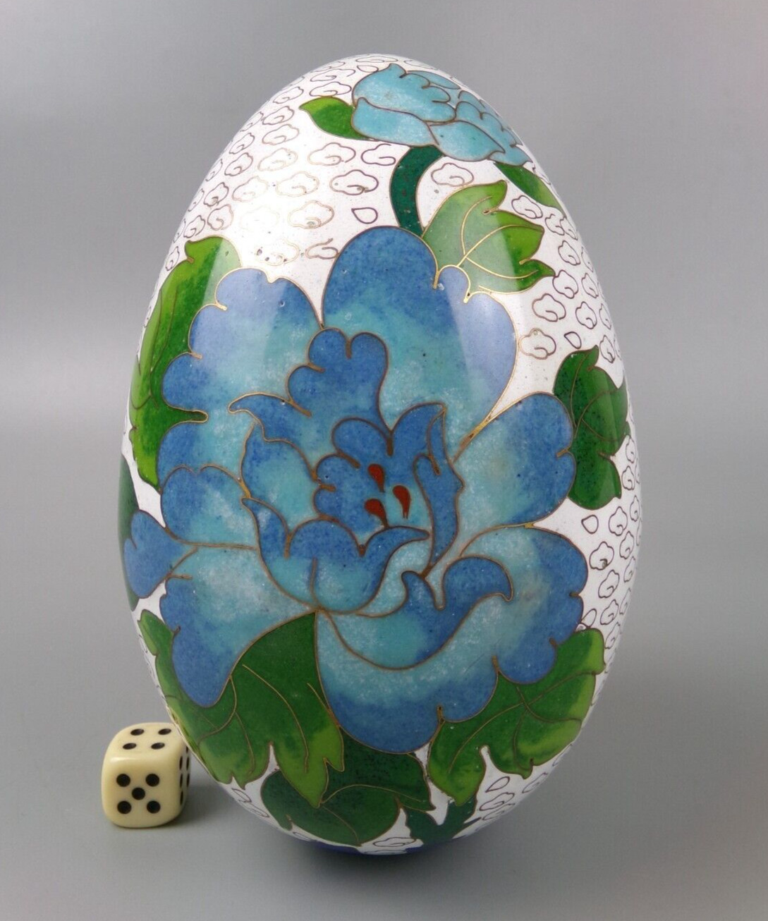 Large Cloisonne Egg Ornament. Chinese Japanese Vintage. Blue & pink flowers. 6″
