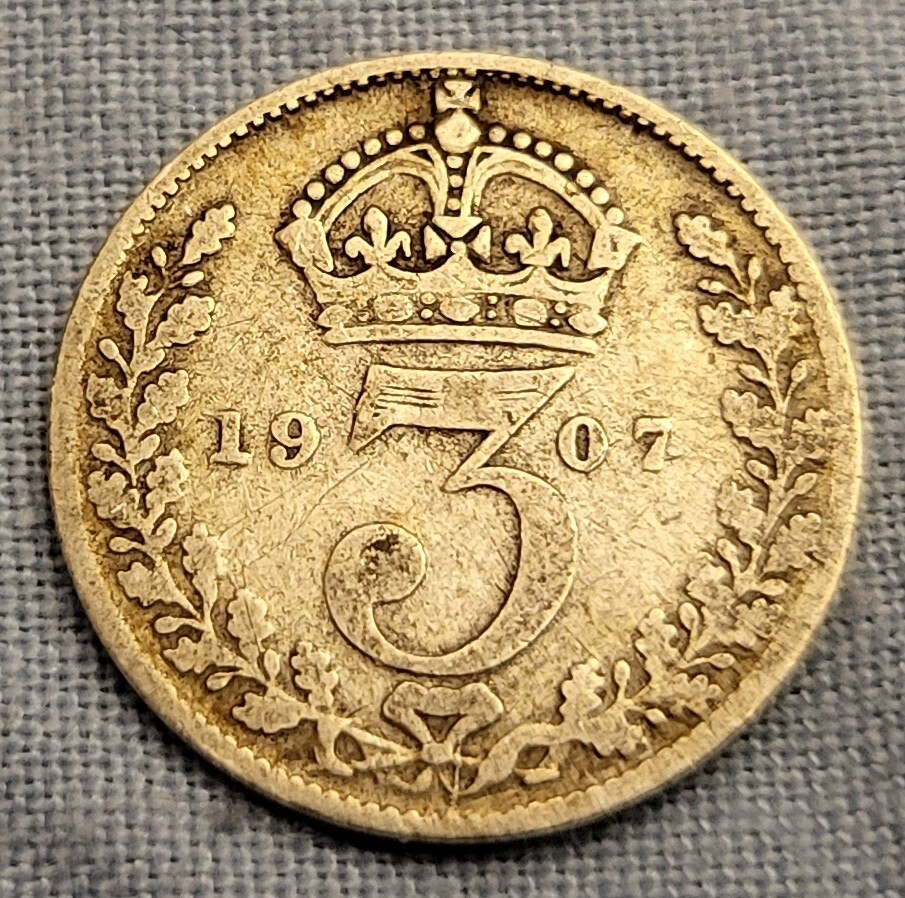 SOLID SILVER Three pence 1907 Coin Vintage Antique 3d King Edward VII UK Old USA