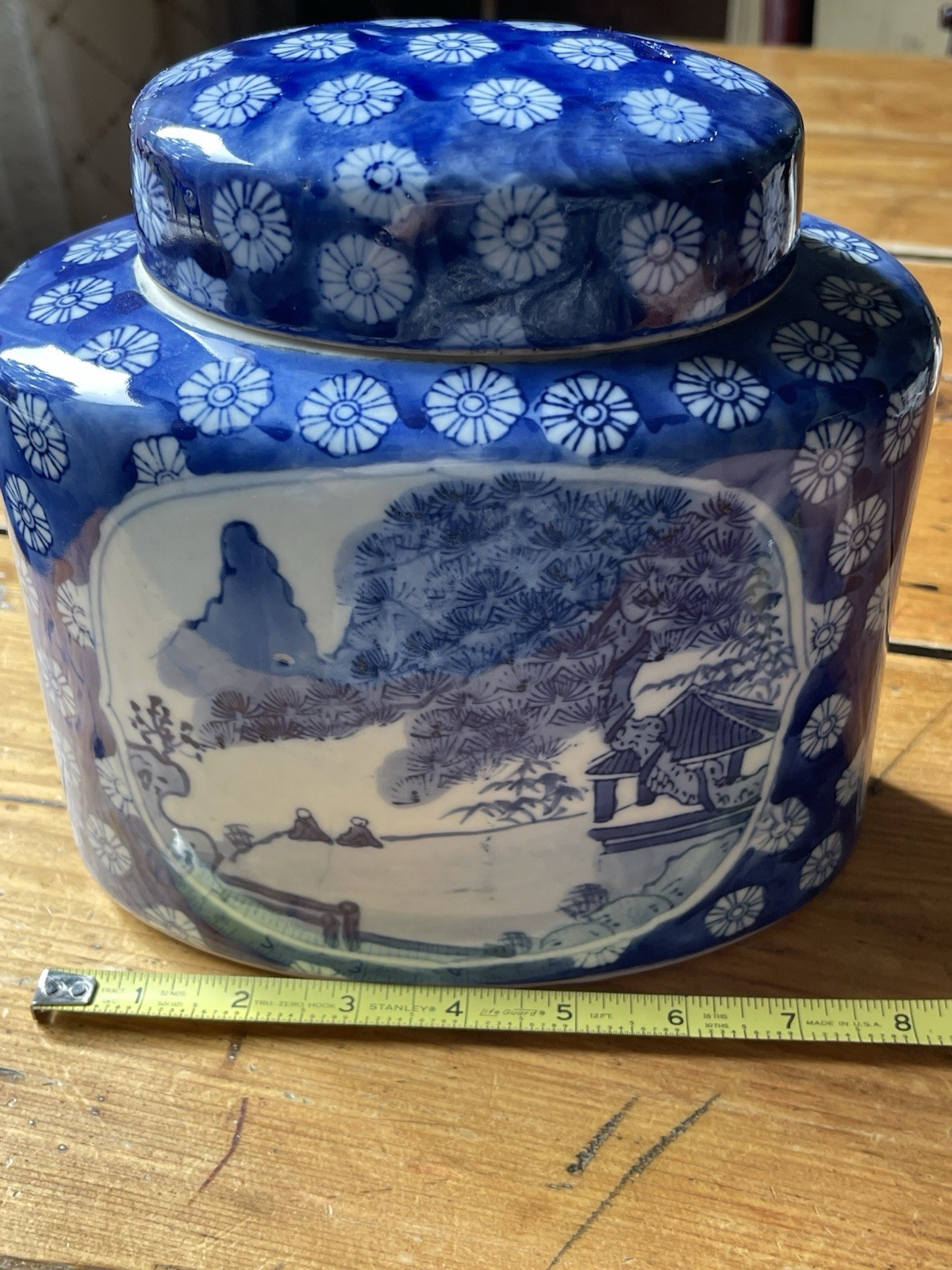 VintageChinese Tea Caddy Pagota Plum Flower Blue and White Figural and Landscape