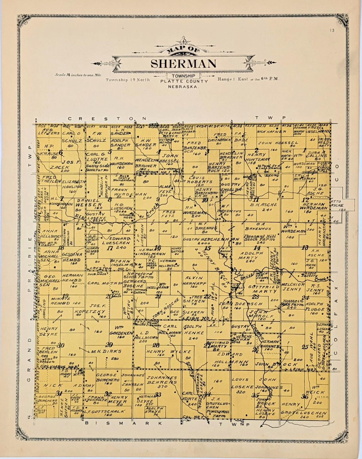 1918 Plat Map SHERMAN – NEBRASKA – PLATTE COUNTY (15×11.5) ORIGINAL
