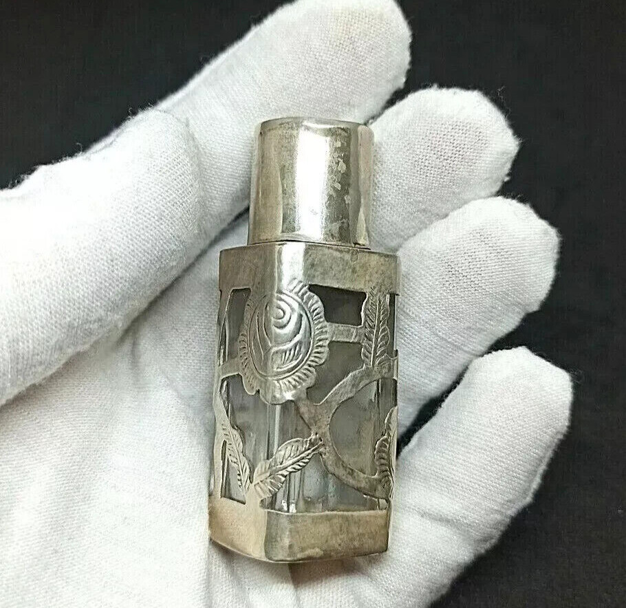 Antique Hand-Engraved Sterling Silver & Glass Perfume Bottle from Mexico Empty