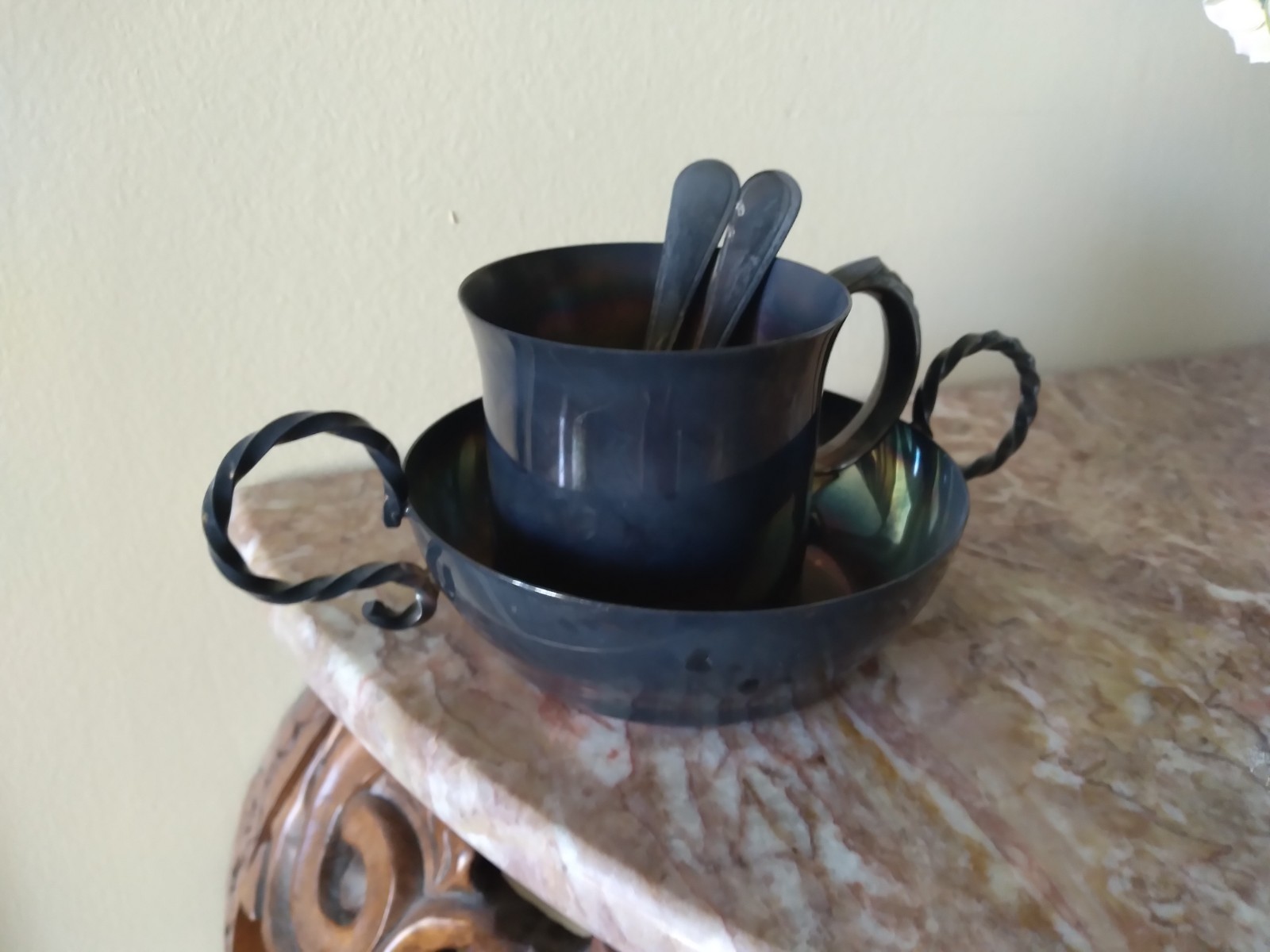 LUNT Silverplate Child’s Handled Bowl, Cup, Spoon & Fork Set