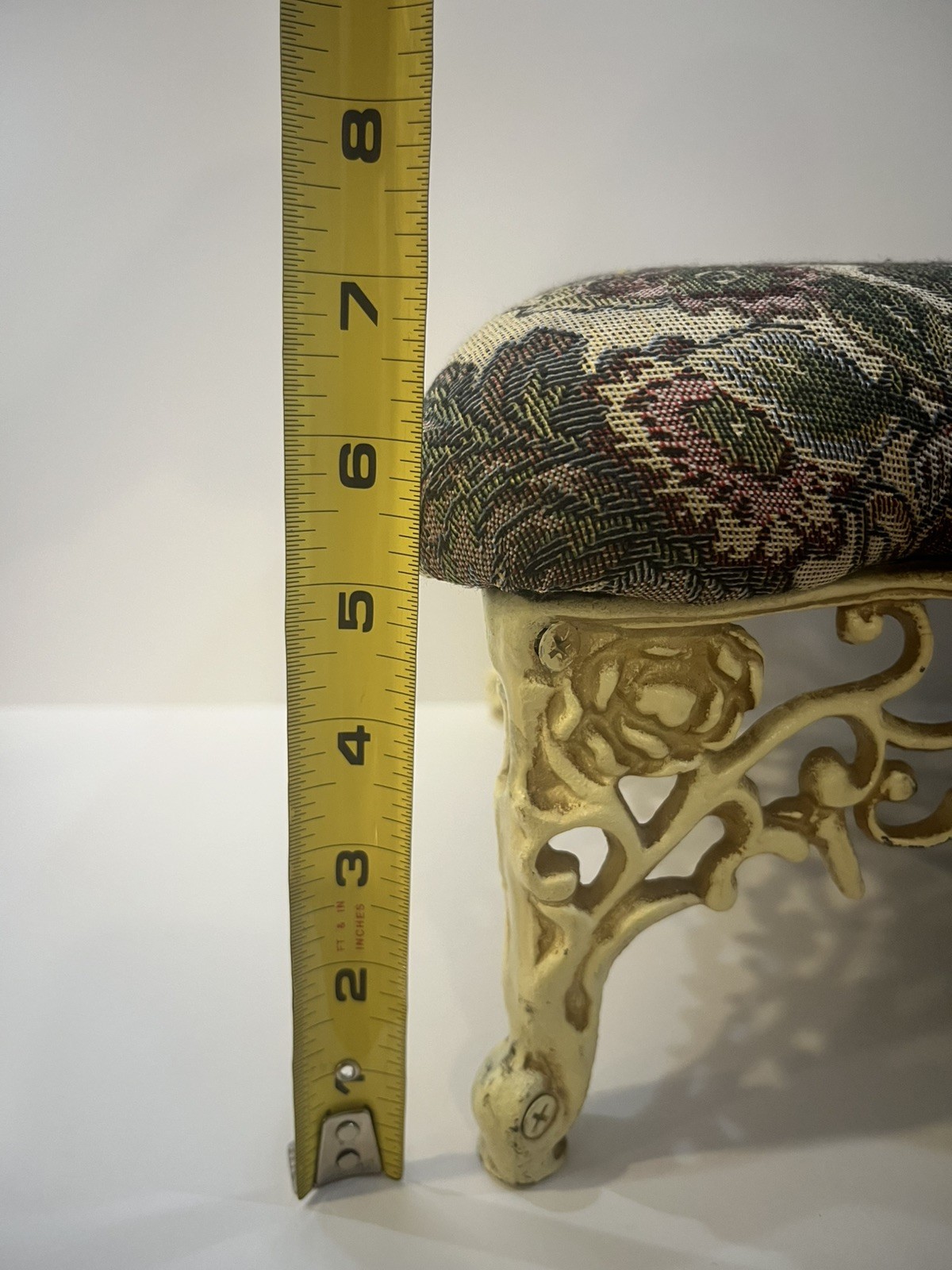 Vtg Solid Ornate Cast Iron Elegant Foot Stool Floral Padded