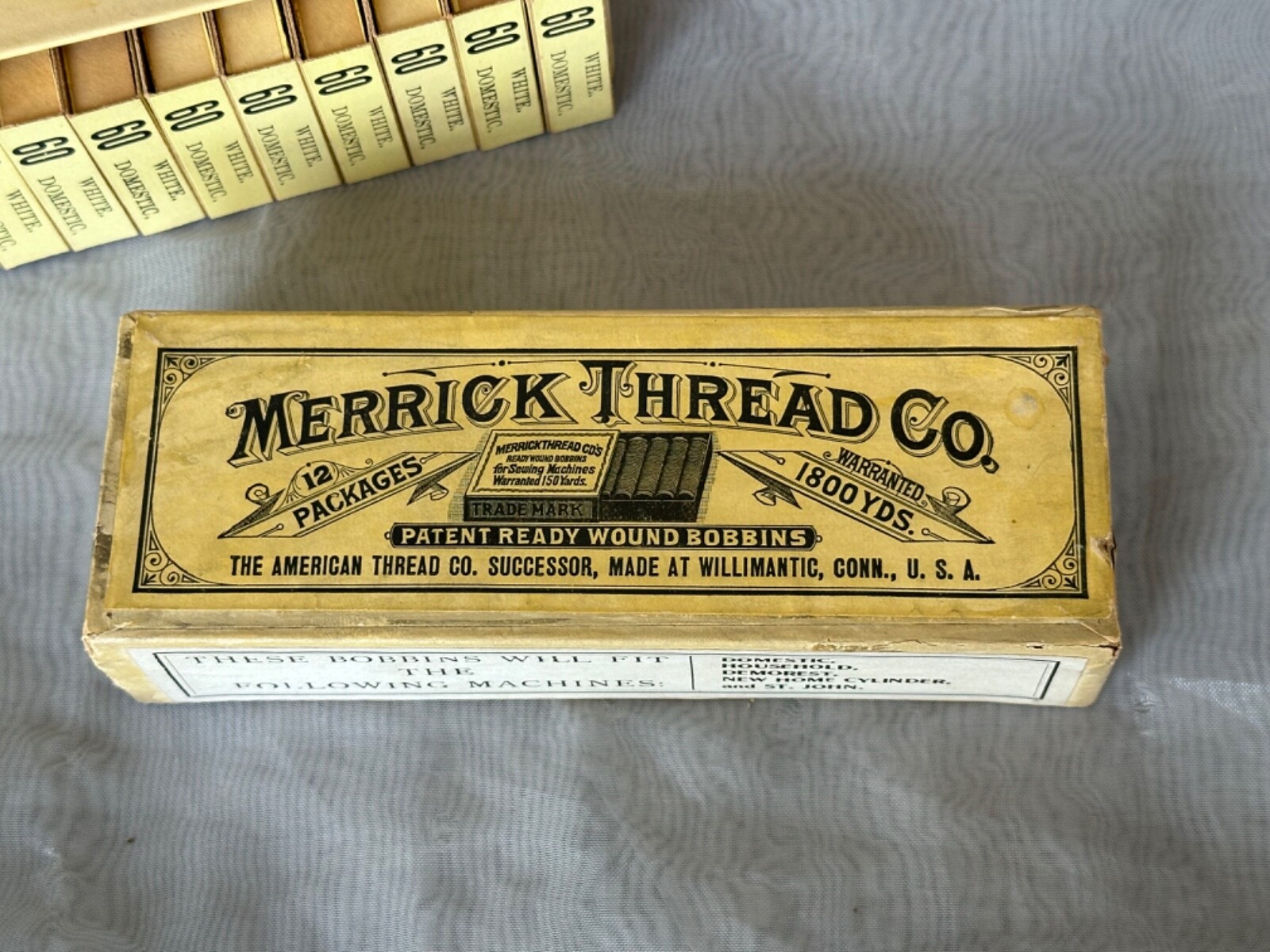 Merrick Thread Co ANTIQUE Patent Shuttle Cotton Bobbins in Box VINTAGE Thread
