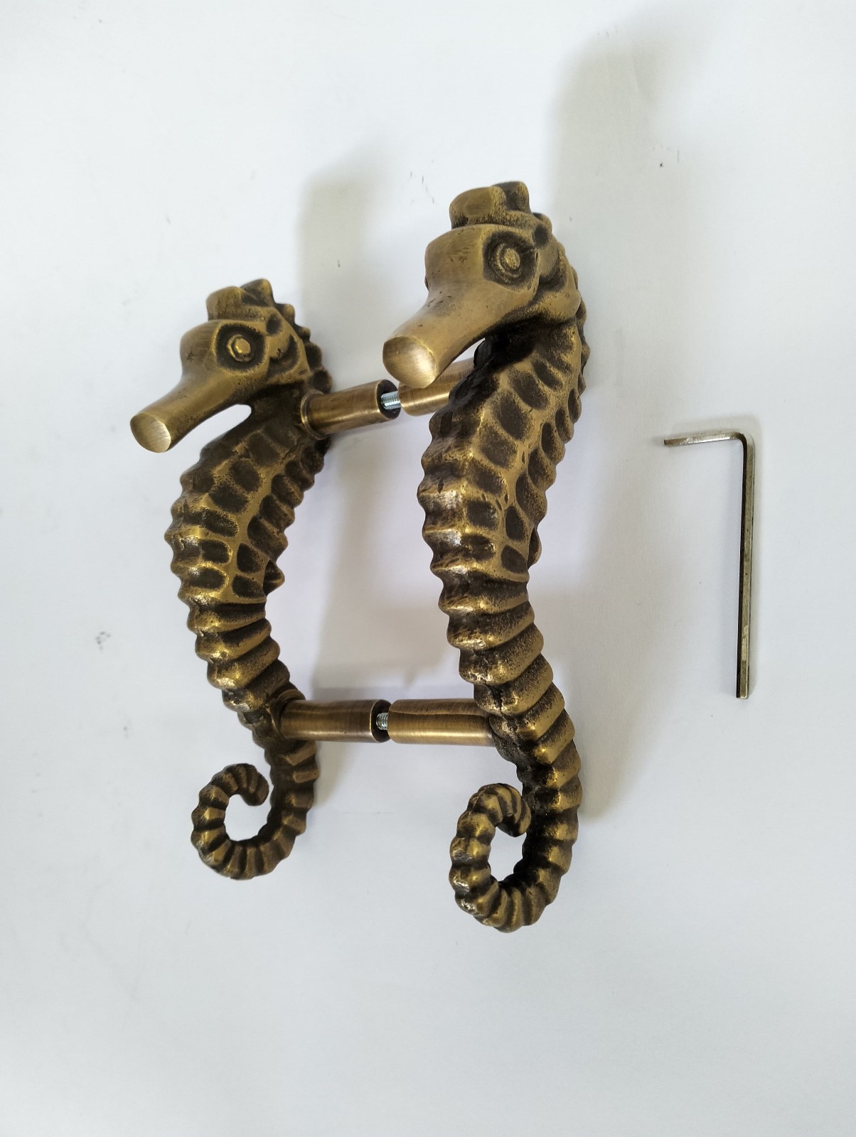 Pair Large Seahorse Solid Brass Pull Handles 6″ Back-to-Back Glass Wood Door