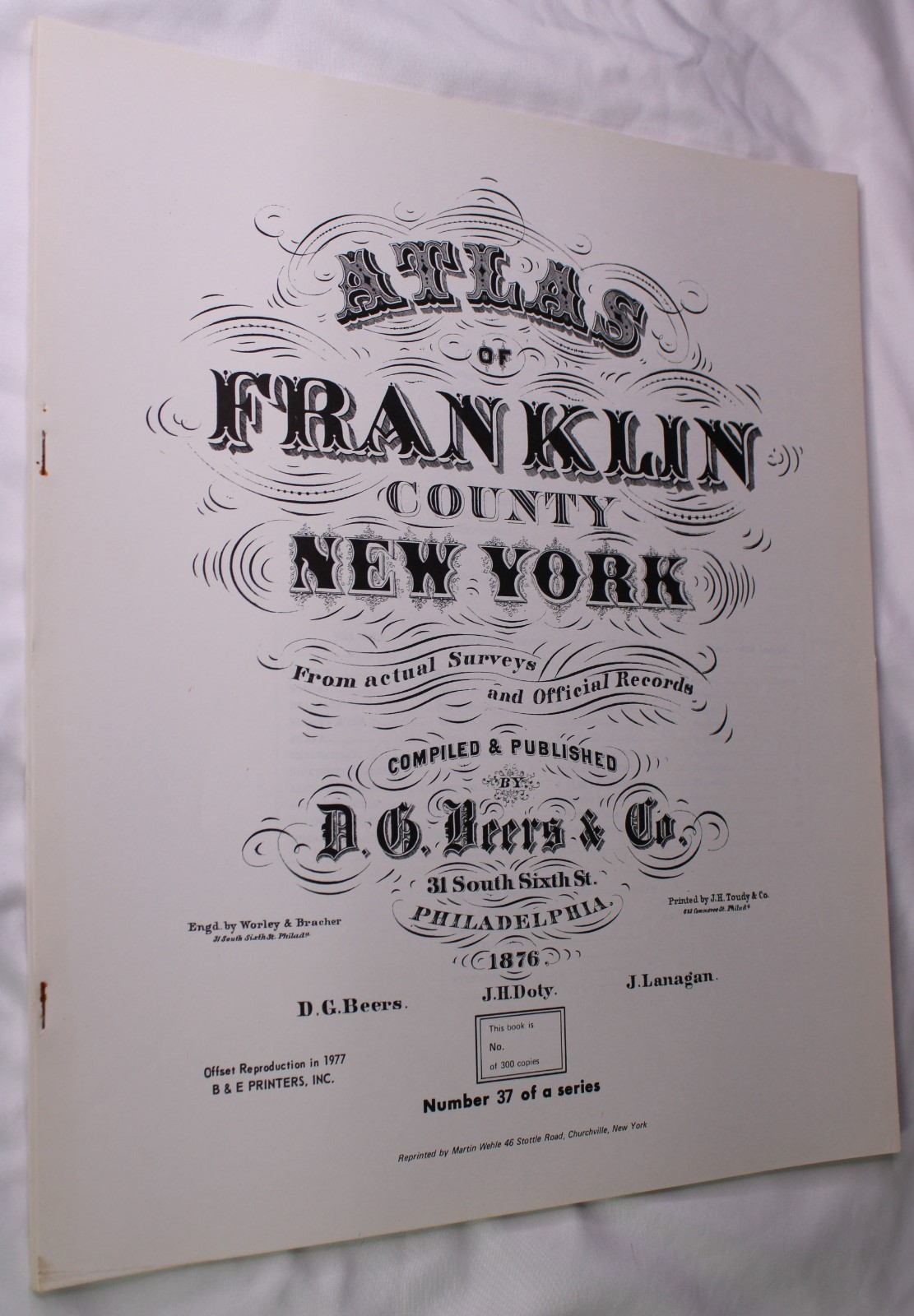 1876 FRANKLIN COUNTY NY ATLAS MAP FW BEERS MALONE BANGOR BURKE 1977 REPRINT