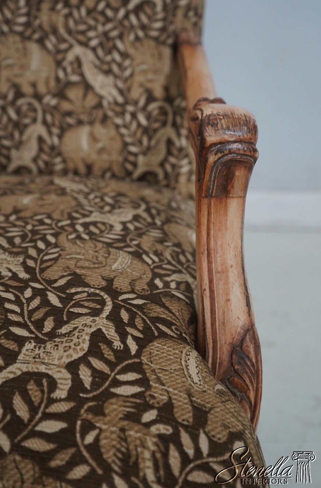 L68872: Pair WEIMAN French Louis XIV Safari Print Upholstered Armchairs