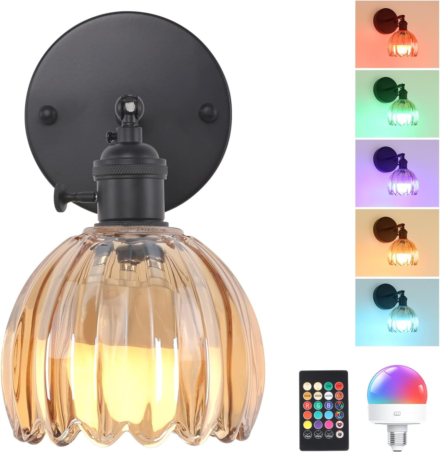Vintage Battery Operated Wall Sconce with Amber Tulip Glass Lampshade Rechargeab