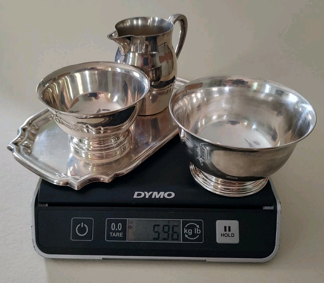 4pc Sterling Silver Lot 21oz 596g Poole Revere Creamer/Sugar/Tray Woolley Bowl