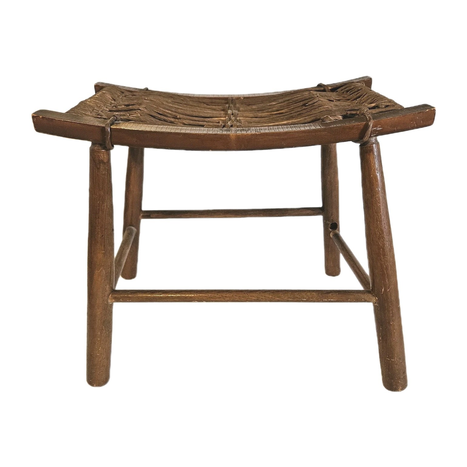 VTG Primitive Wood Stool w/Handwoven Rush Saddle Seat MCM Rustic Low Bench 60’s