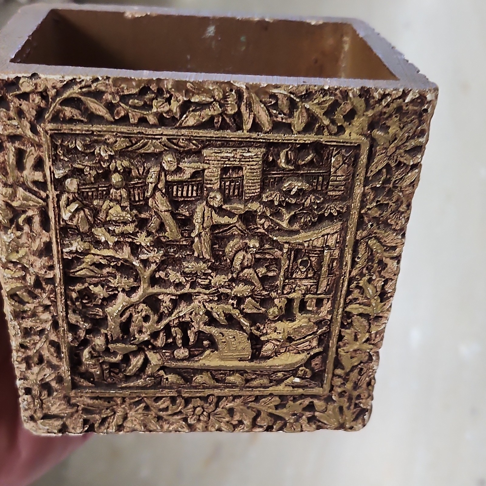 Carved Chinese Brown Wood Box w/ Relief Scenic Panels, Square Open Top