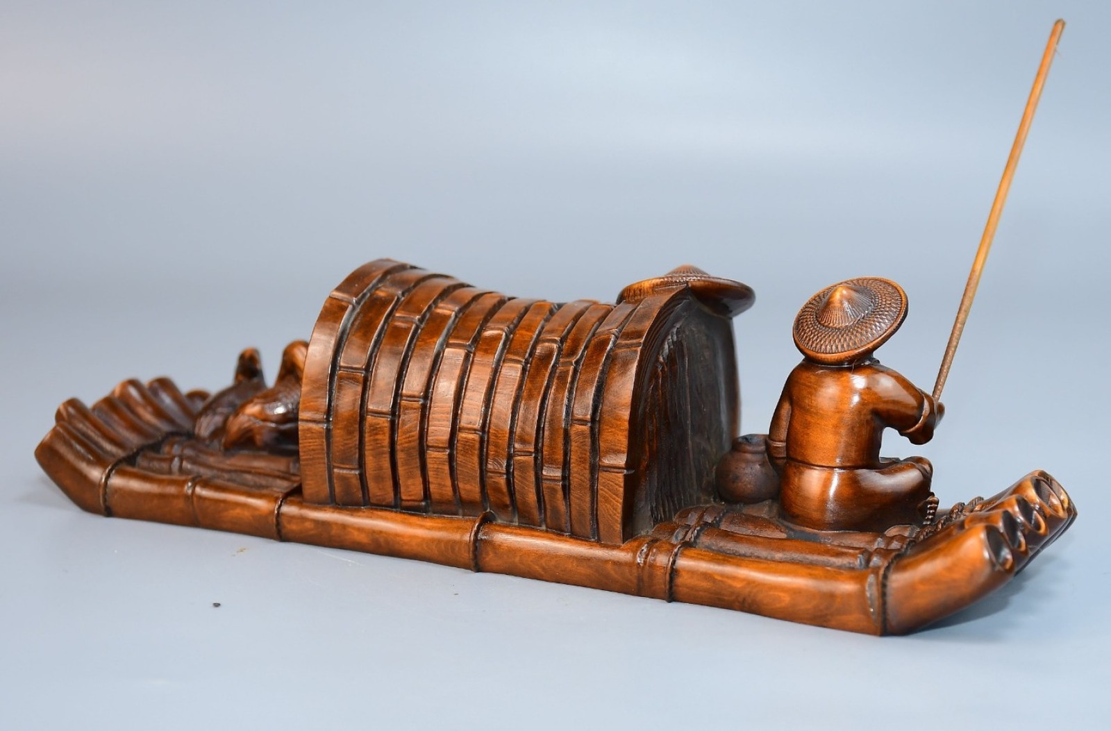 Boxwood Carving Figurine Carved Wooden Incense Holder Fisherman Cormorant Raft