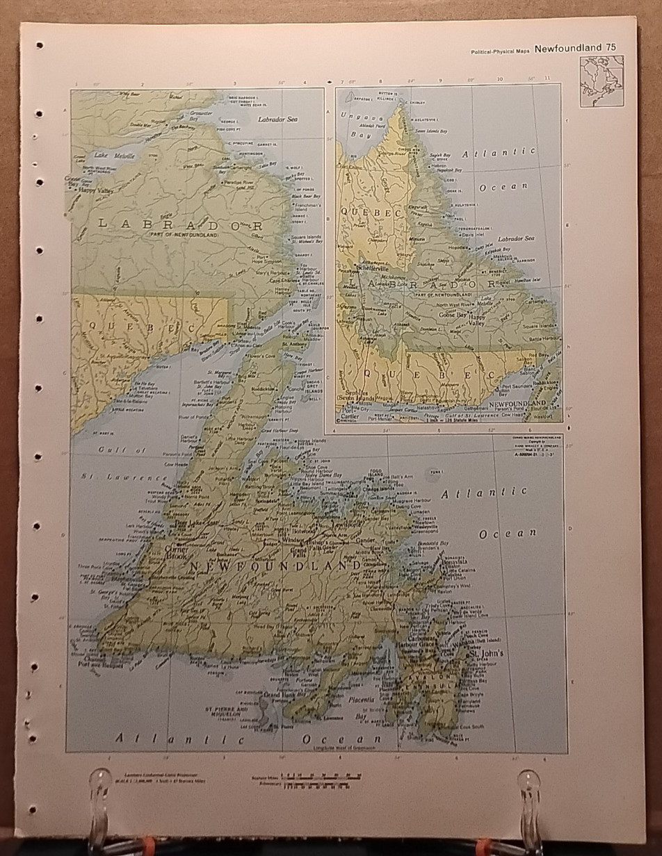1966 Vintage NEWFOUNDLAND Map from MCM Color Encyclopedia Britannica World Atlas