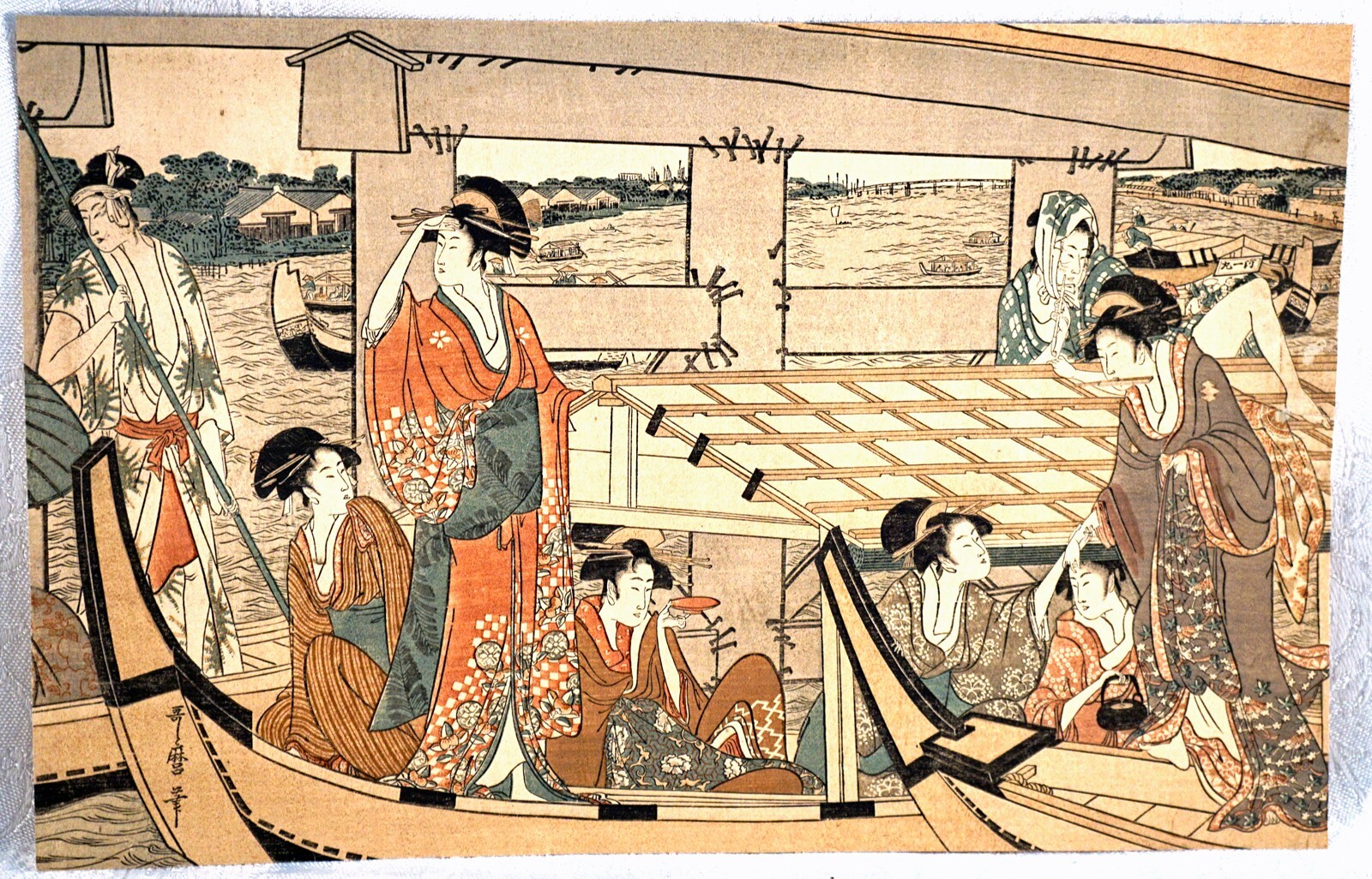 Japanese Woodblock Print Enjoying the Cool at the Ryogoku Bridge Utamaro Kitagaw