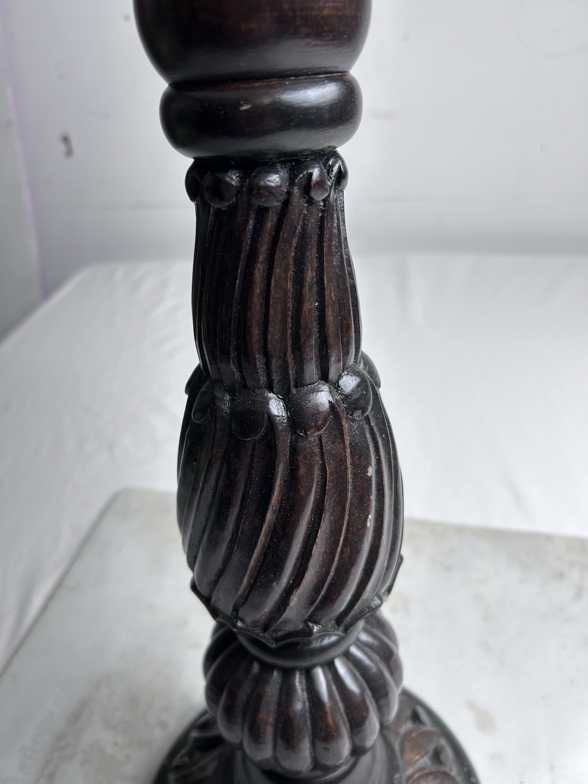 Two Hand Carved Large Wood Light Stands With Lampshades Dark Brown