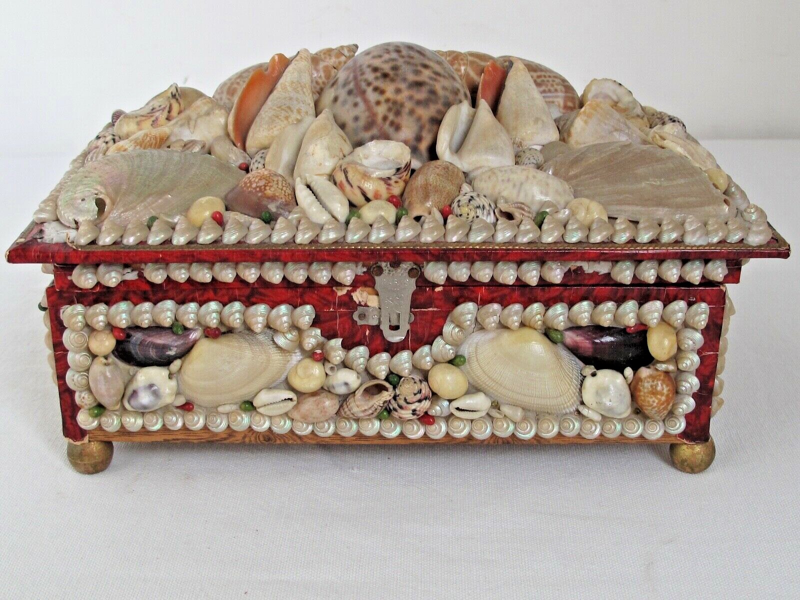 Antique 19c. Seashell Shell Jewelry Box 9″ X 5 5/8″ X 4 3/4″