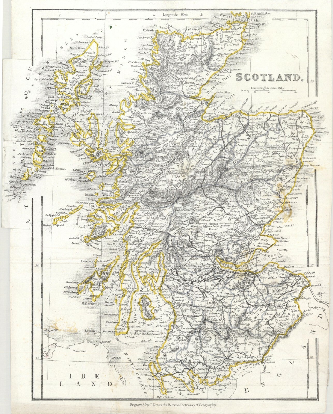 1868 John James Dower’s Scotland (Original Antique Map, outline color)